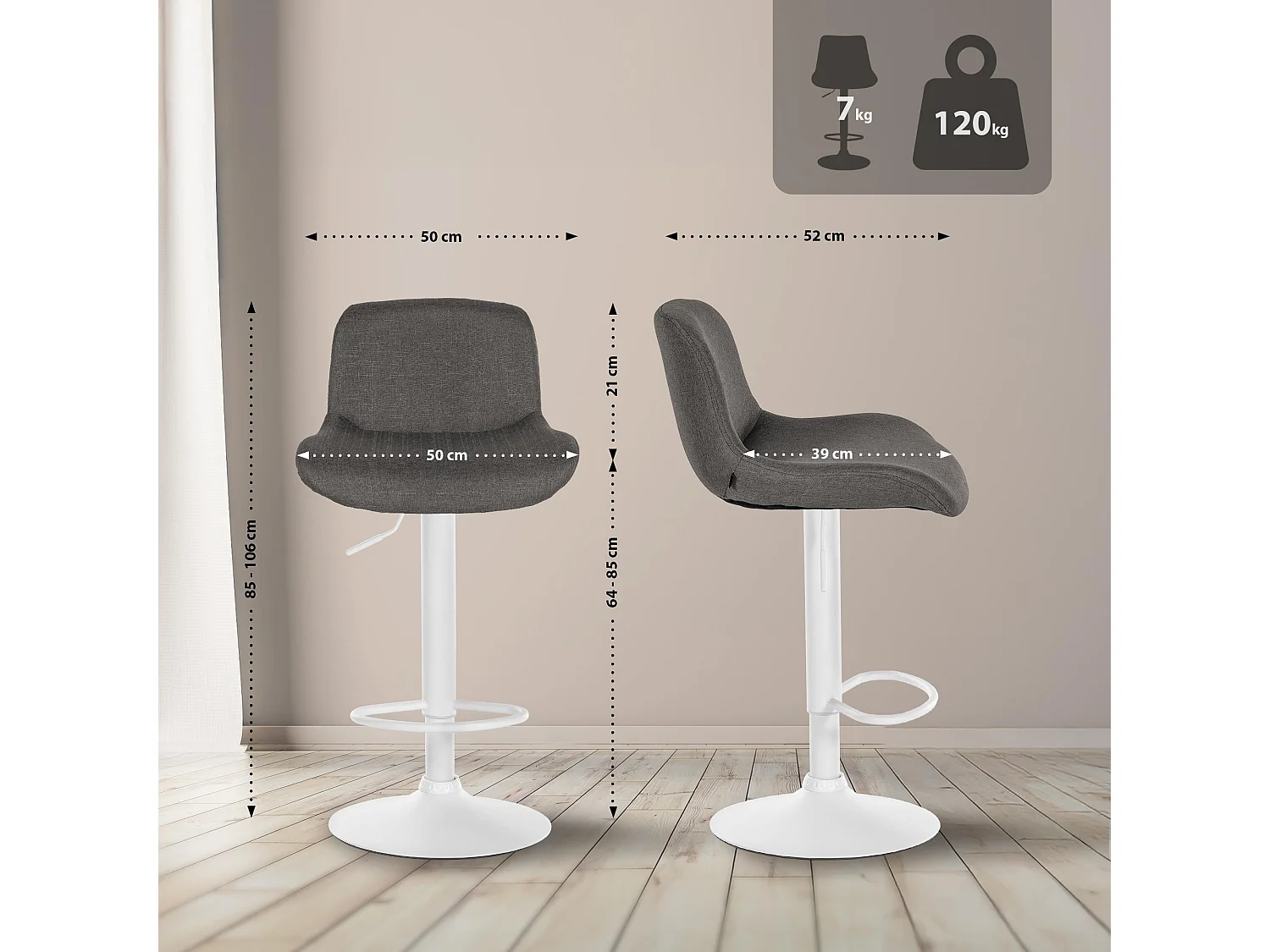 Tabouret de bar - Tissu - Gris foncé - Solon