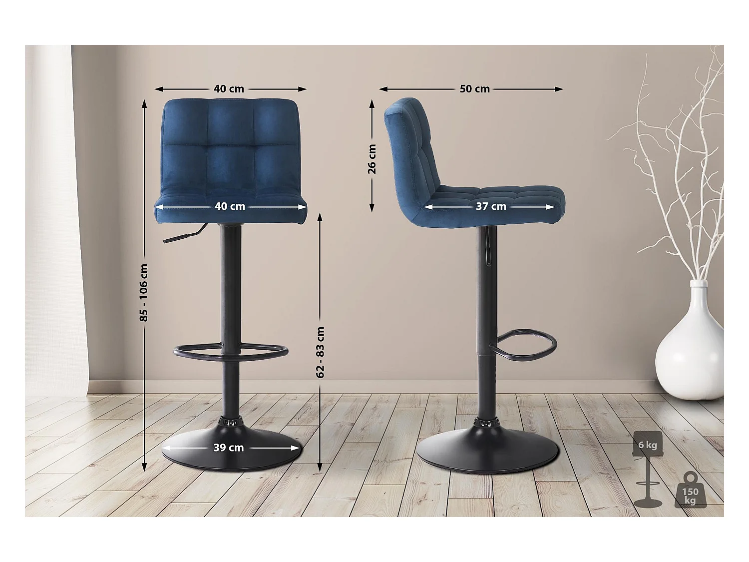 Lot de 4  Tabouret de bar - Velours - Bleu - Feni