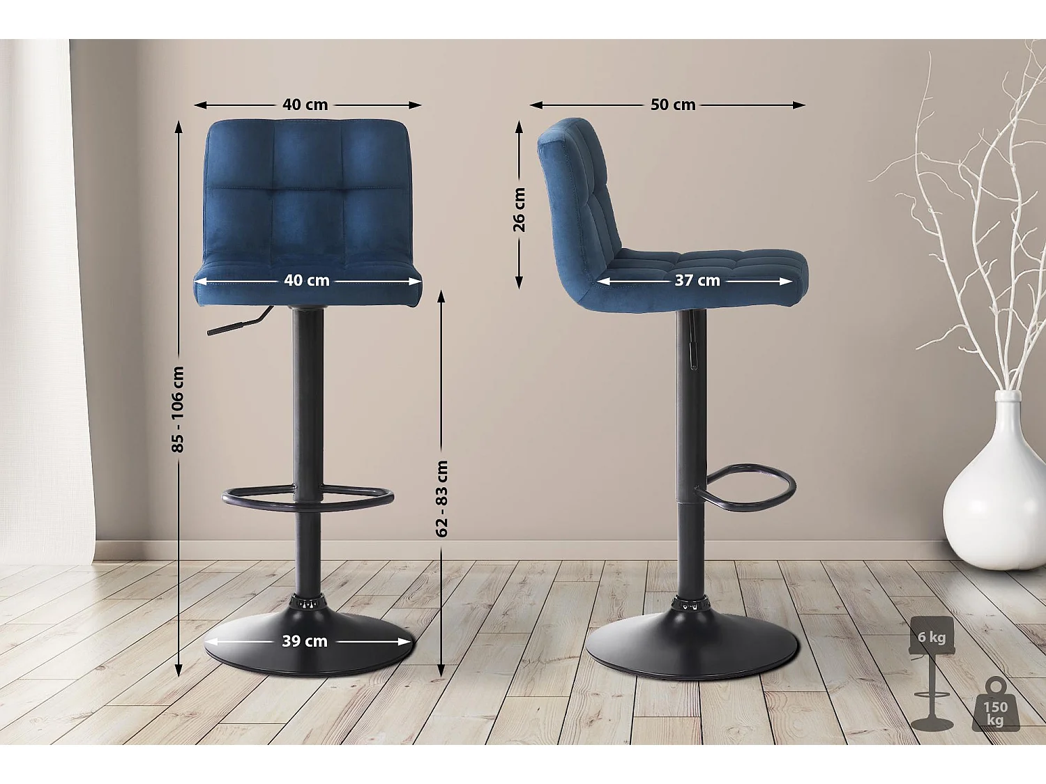 Lot de 4  Tabouret de bar - Velours - Bleu - Feni