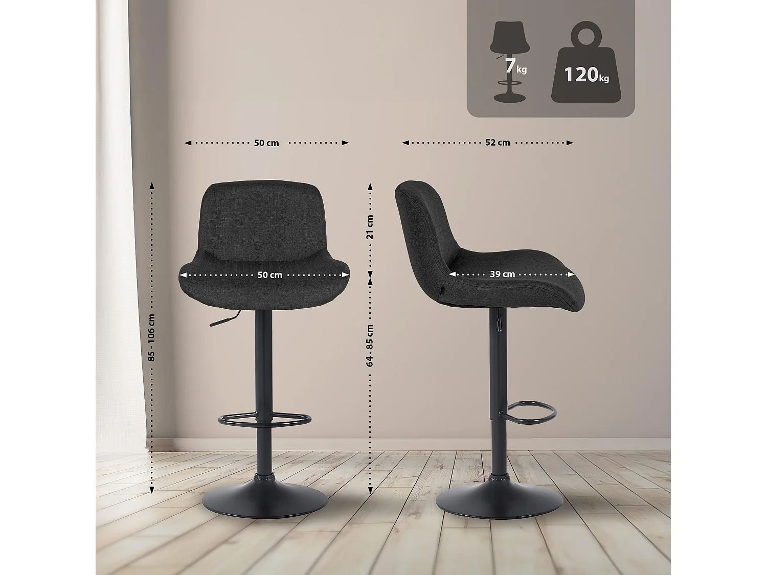 Tabouret de bar - Tissu - Noir - Solon