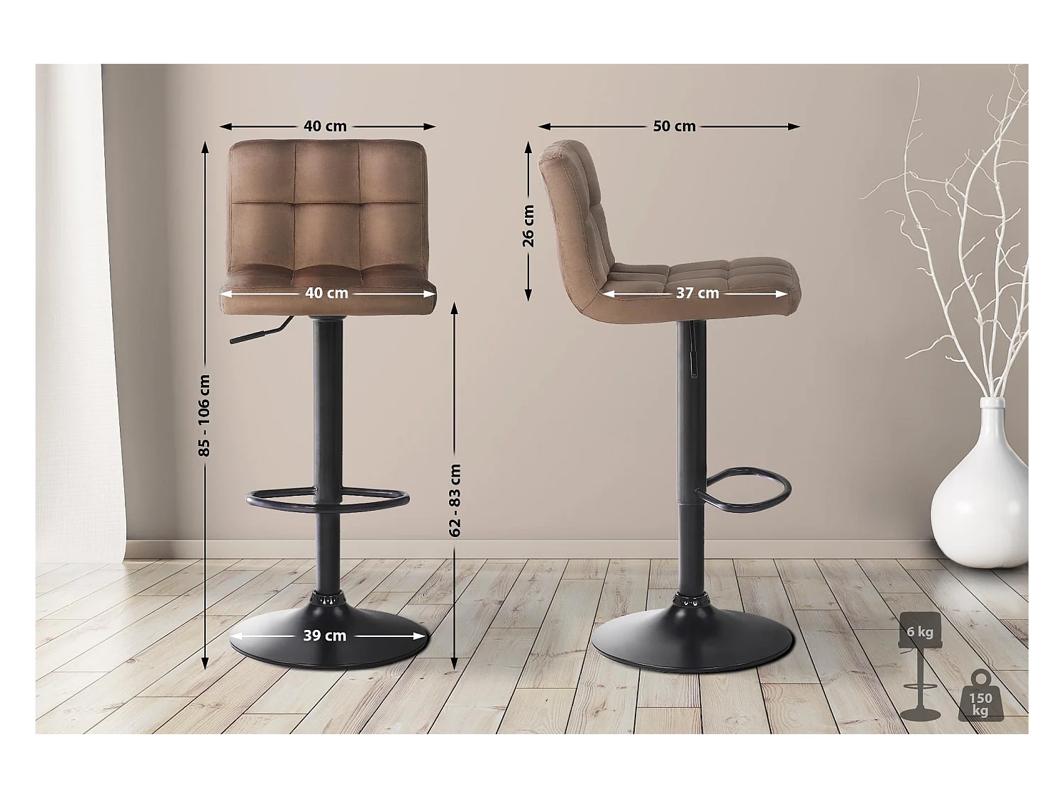 Lot de 4  Tabouret de bar - Velours - Marron - Feni