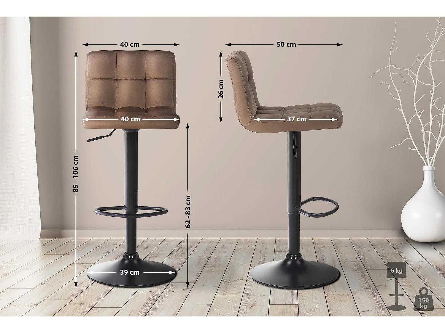 Lot de 4  Tabouret de bar - Velours - Marron - Feni