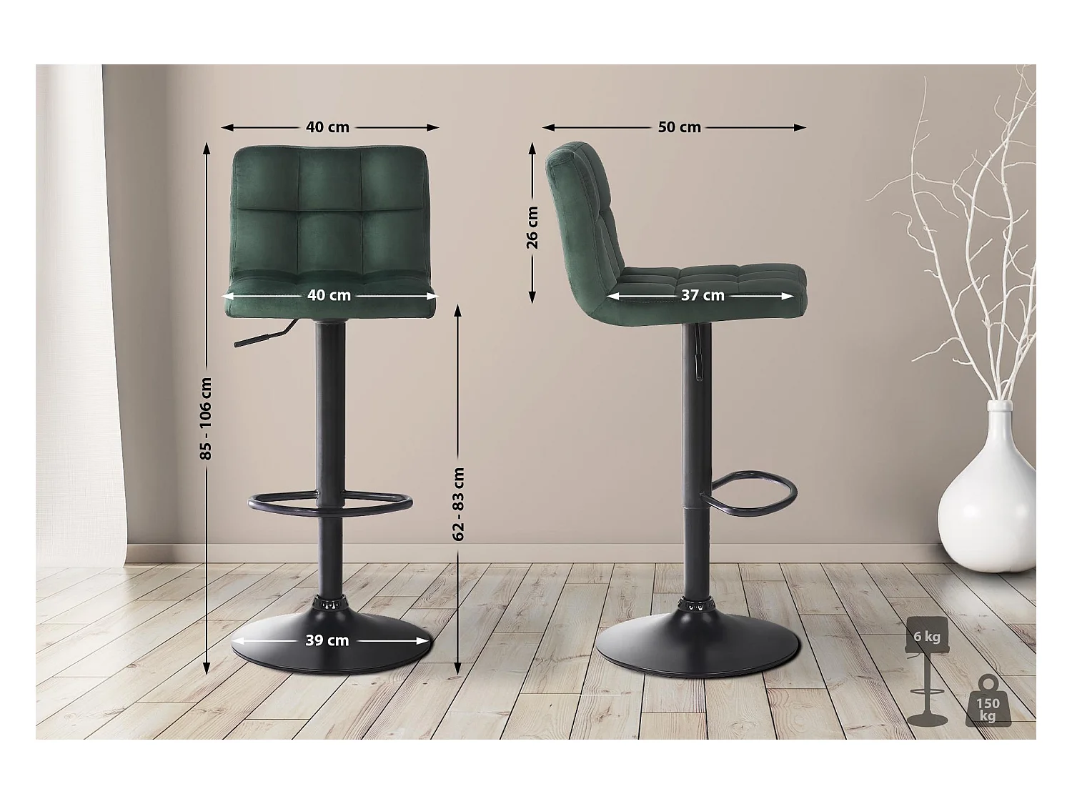 Lot de 4  Tabouret de bar - Velours - Vert - Feni