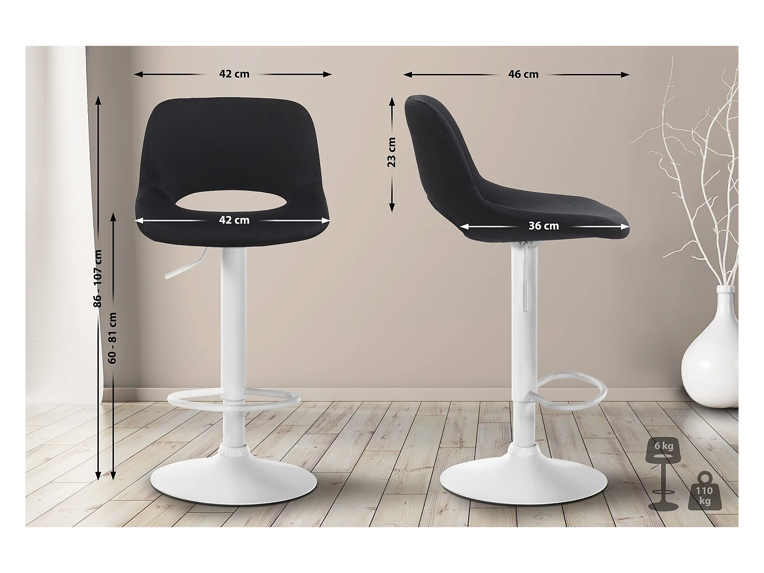 Lot de 2  Tabouret de bar - Velours - Noir - Camden