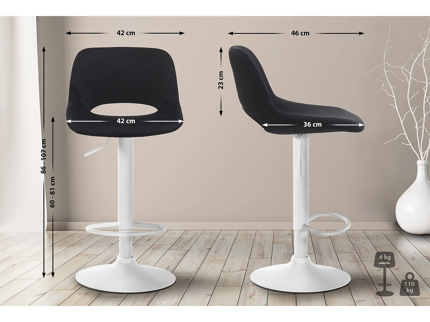 Lot de 2  Tabouret de bar - Velours - Noir - Camden