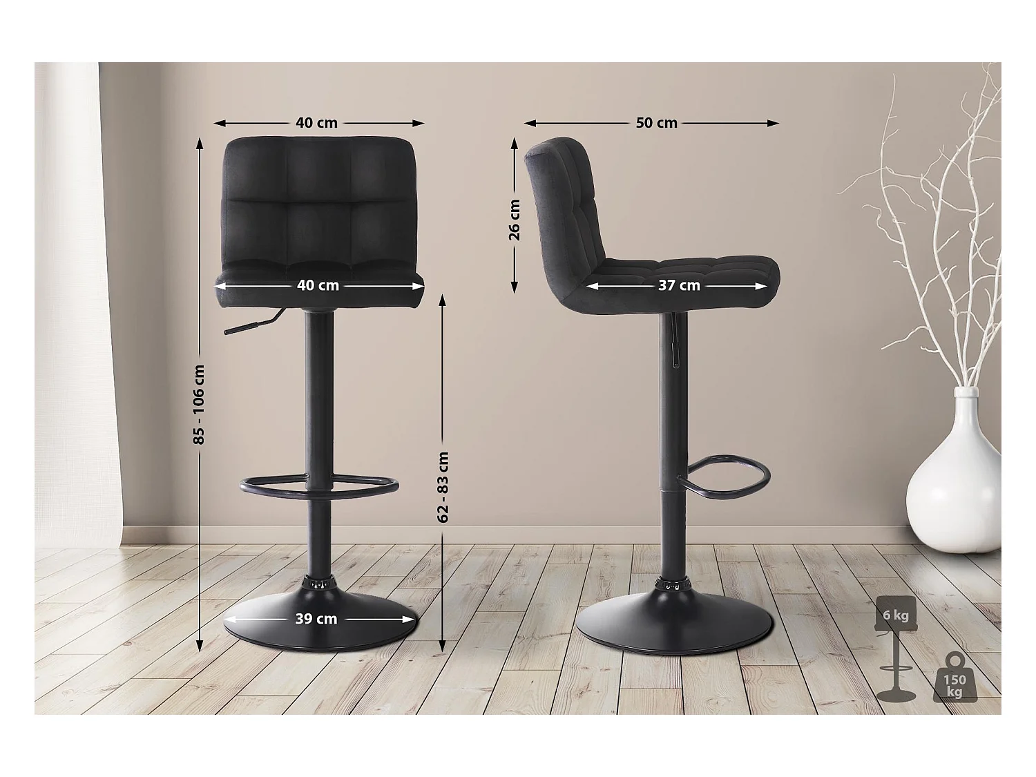 Lot de 4  Tabouret de bar - Velours - Noir - Feni