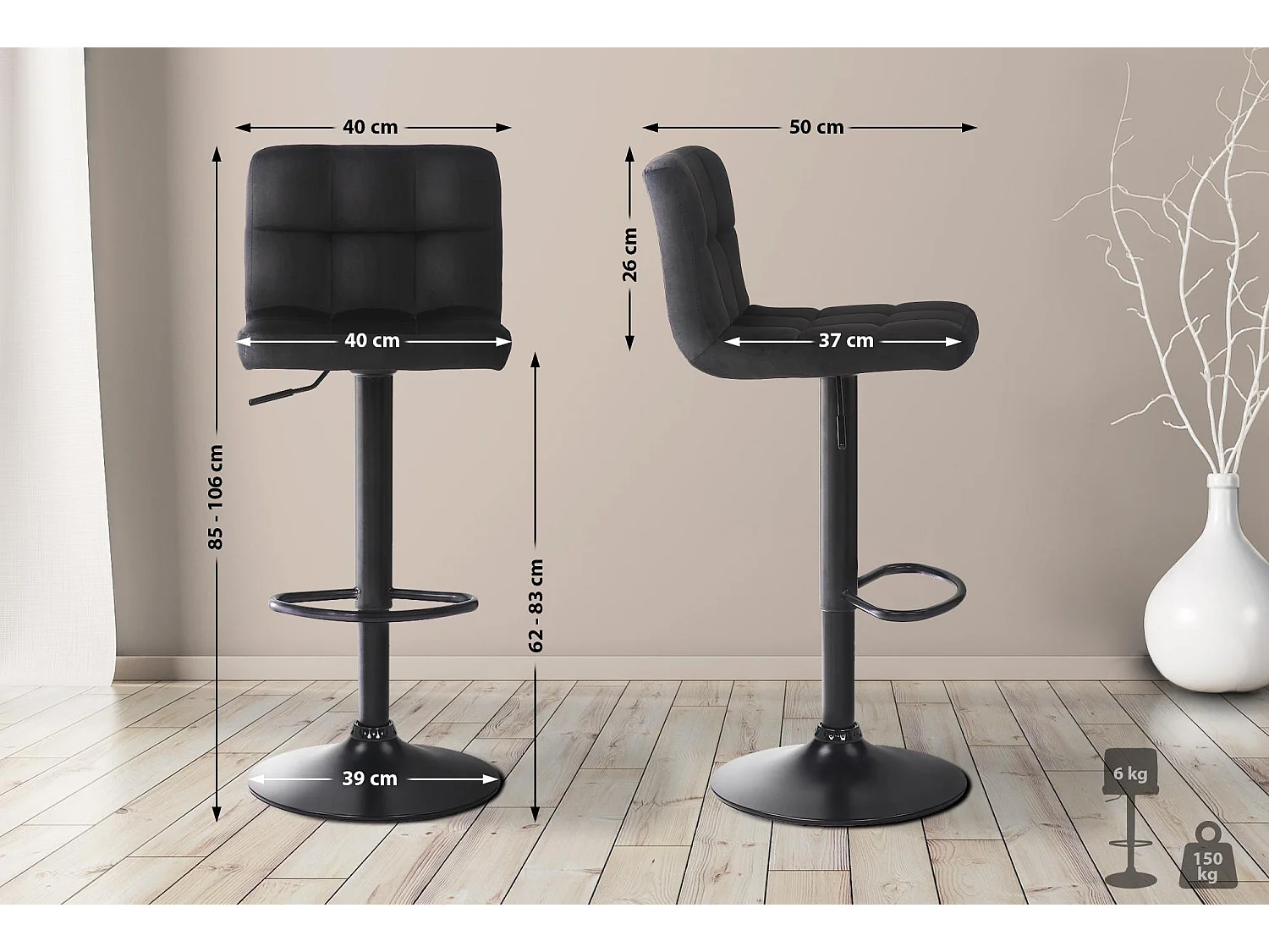 Lot de 4  Tabouret de bar - Velours - Noir - Feni