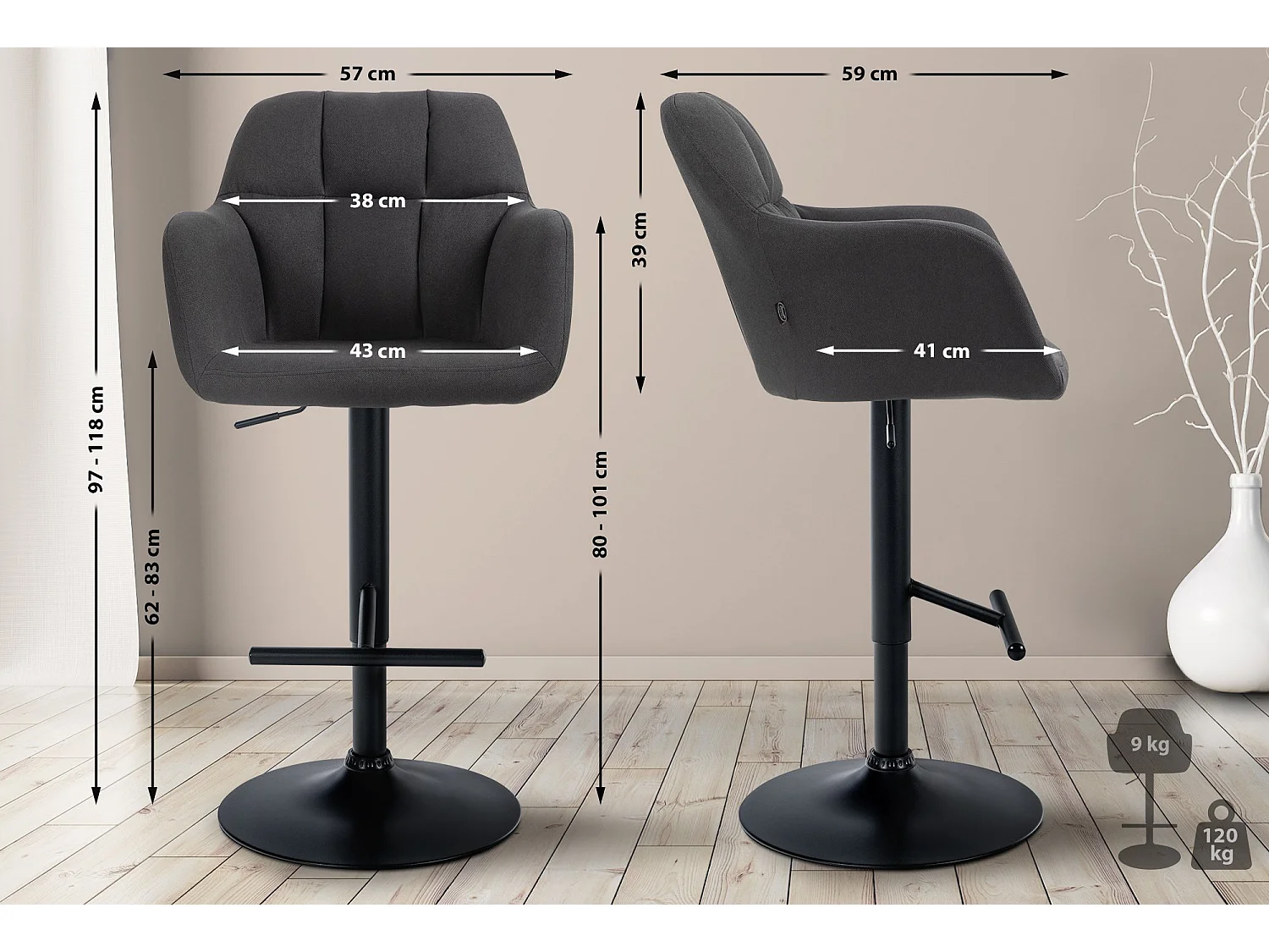 Tabouret de bar - Tissu - Noir - Natoma