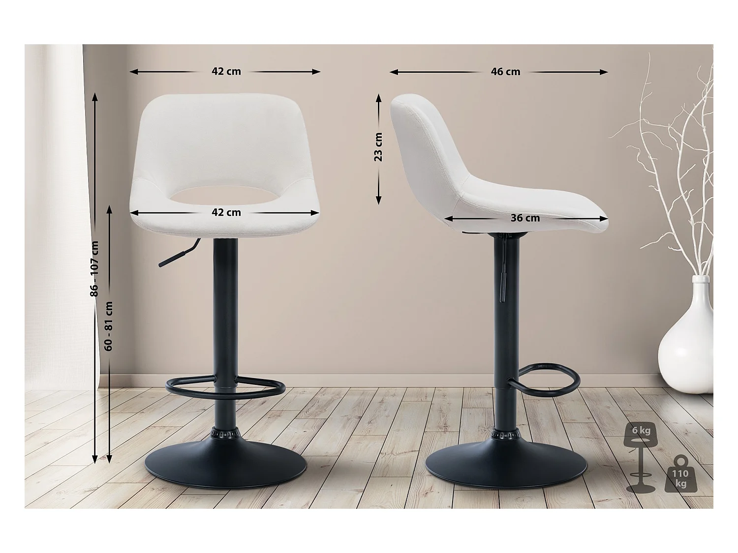 Lot de 2  Tabouret de bar - Velours - Crème - Camden