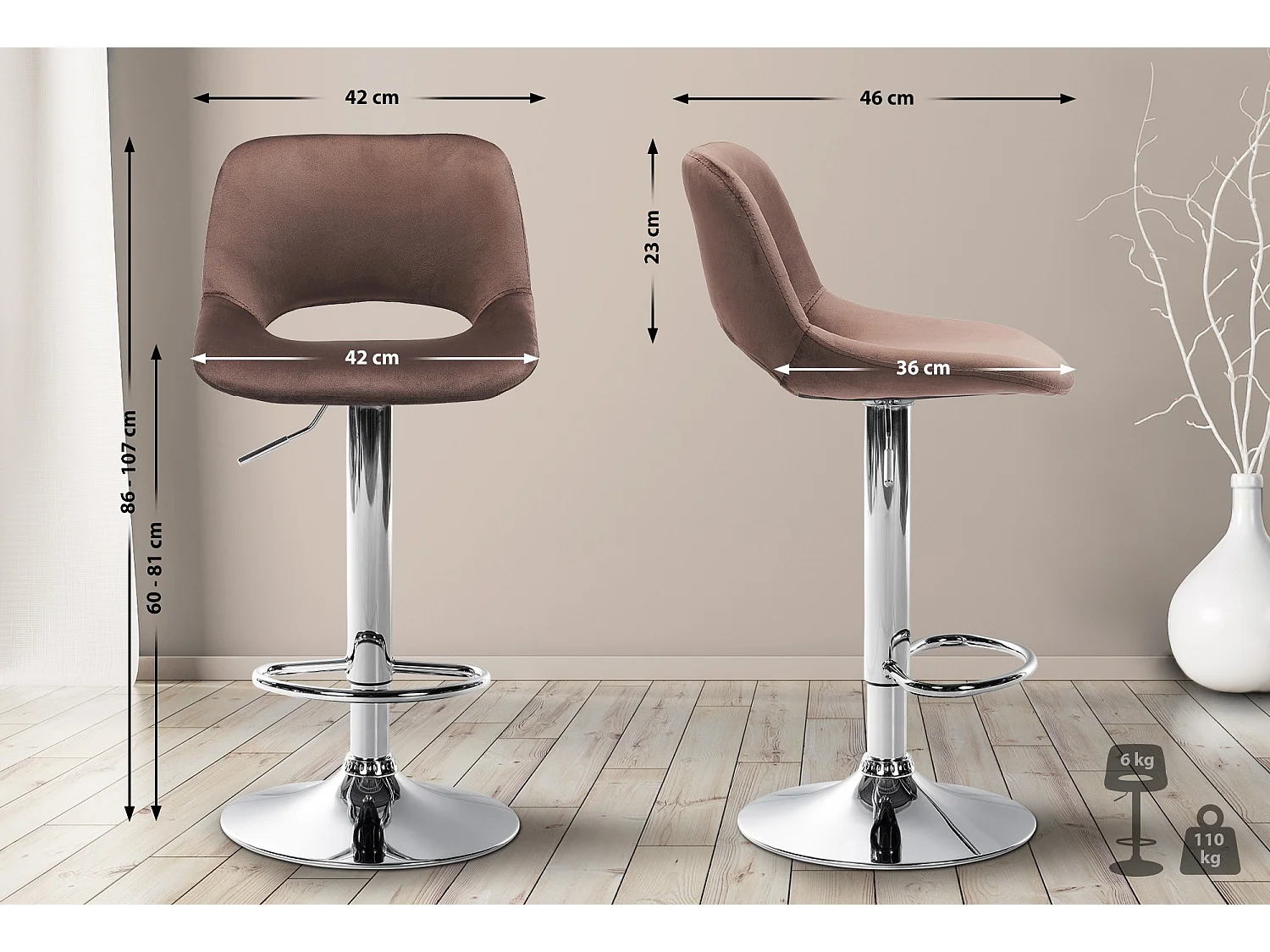 Lot de 2  Tabouret de bar - Velours - Marron - Camden