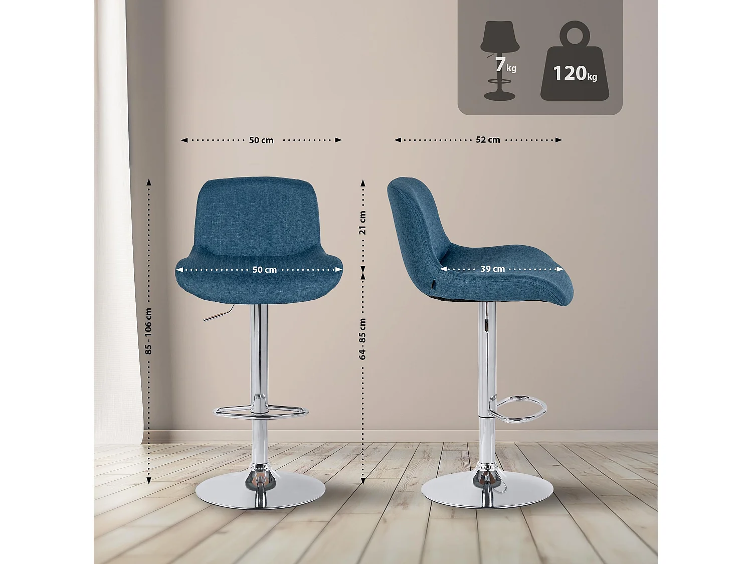 Tabouret de bar - Tissu - Bleu - Solon