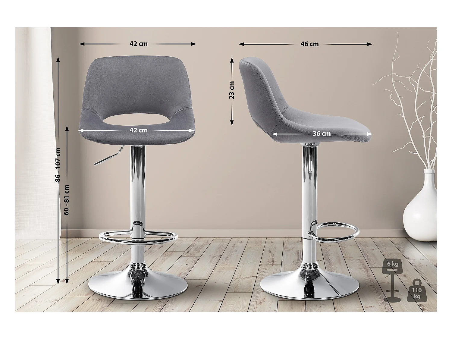 Lot de 2  Tabouret de bar - Velours - Gris foncé - Camden