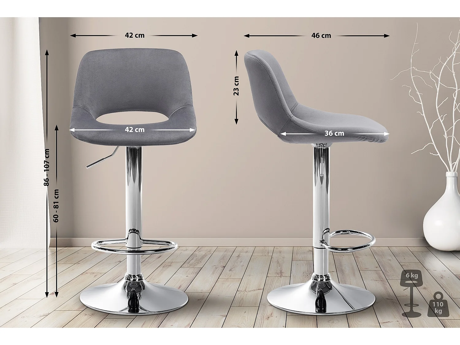 Lot de 2  Tabouret de bar - Velours - Gris foncé - Camden