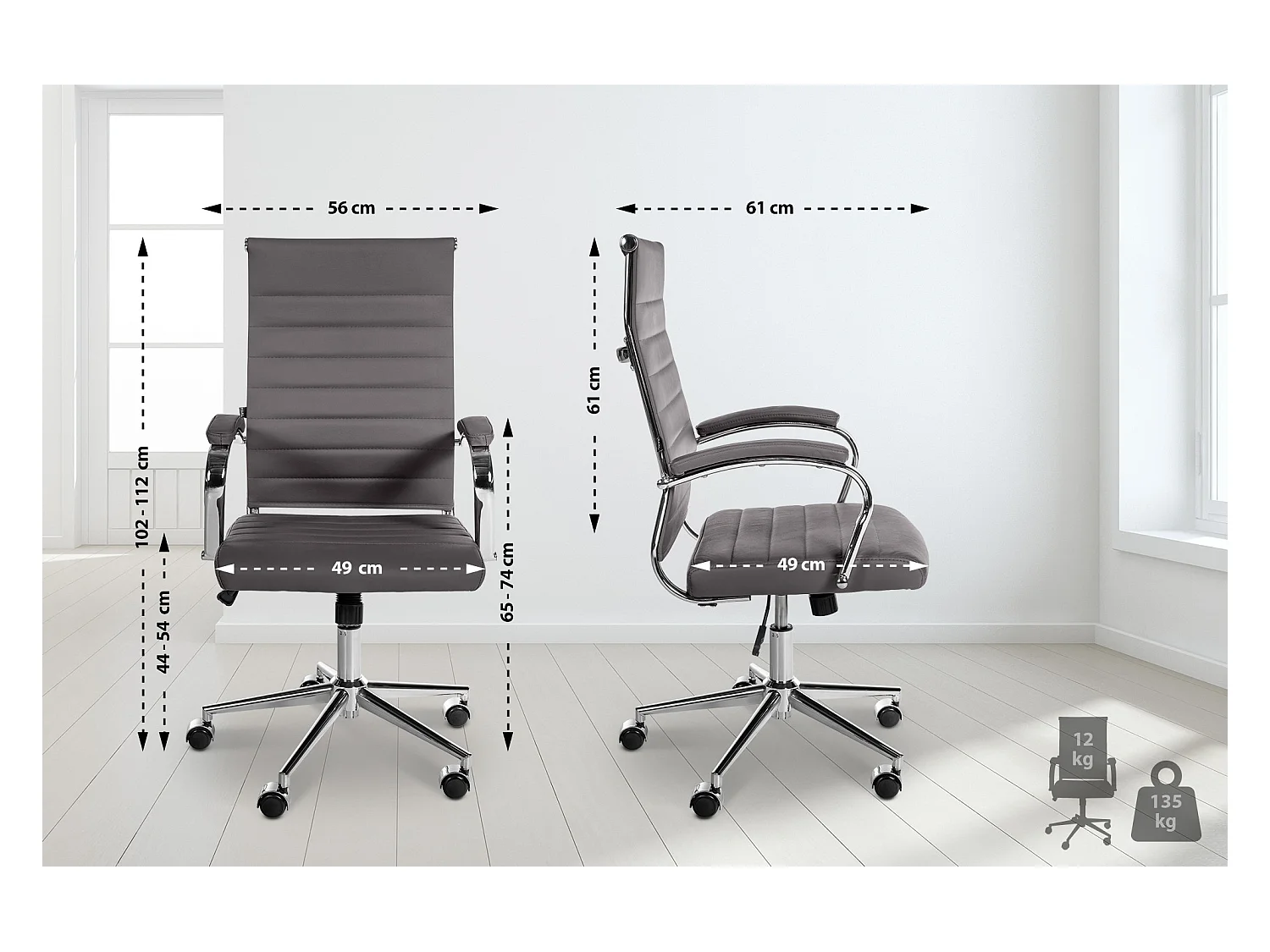 Chaise de bureau - Véritable cuir & Noir - Gris - Mollis