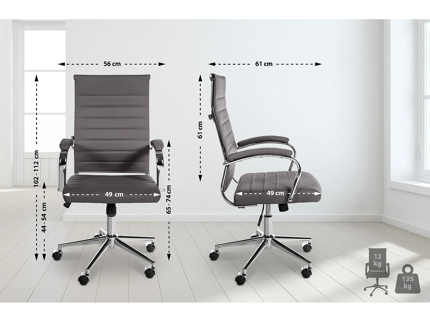 Bureaustoel - Echt leer & zwart - grijs - Mollis