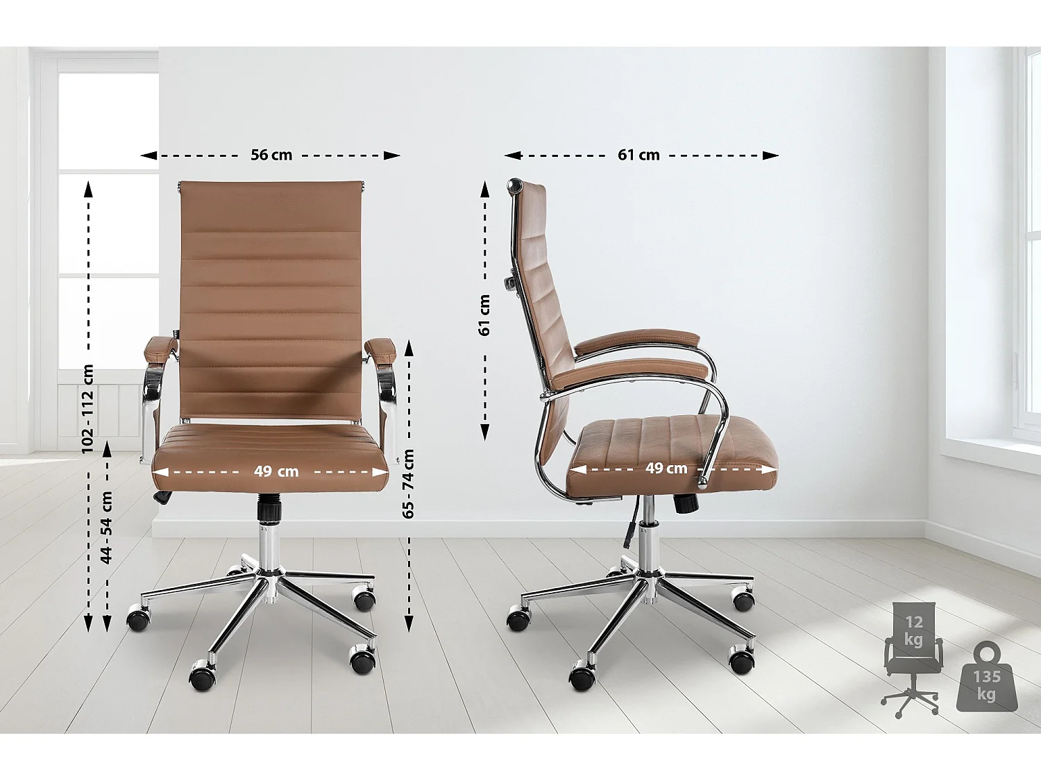 Chaise de bureau - Véritable cuir & Noir - Marron clair - Mollis