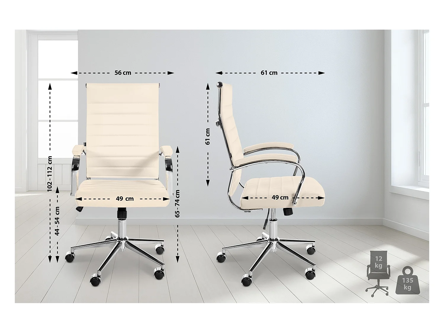 Chaise de bureau - Véritable cuir & Noir - Crème - Mollis