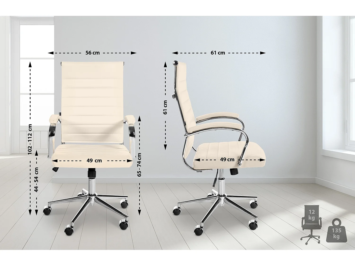 Chaise de bureau - Véritable cuir & Noir - Crème - Mollis