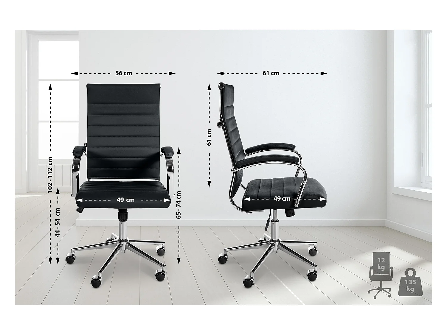 Chaise de bureau - Véritable cuir & Noir - Noir - Mollis