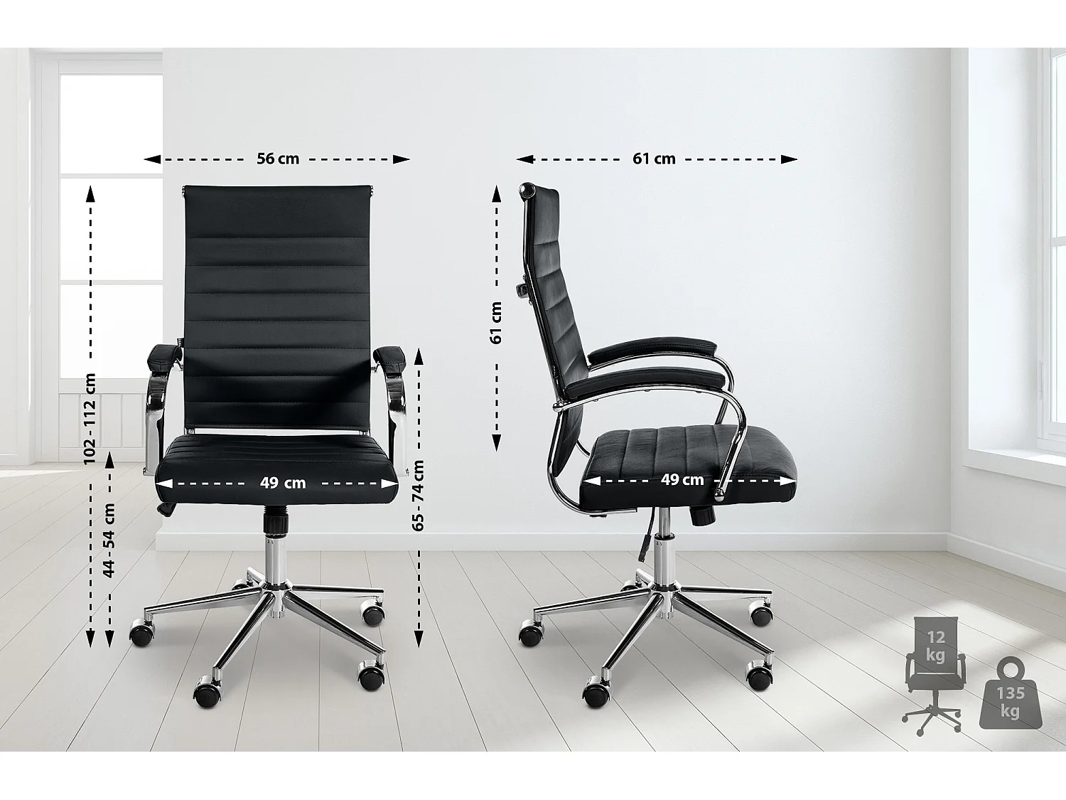 Chaise de bureau - Véritable cuir & Noir - Noir - Mollis