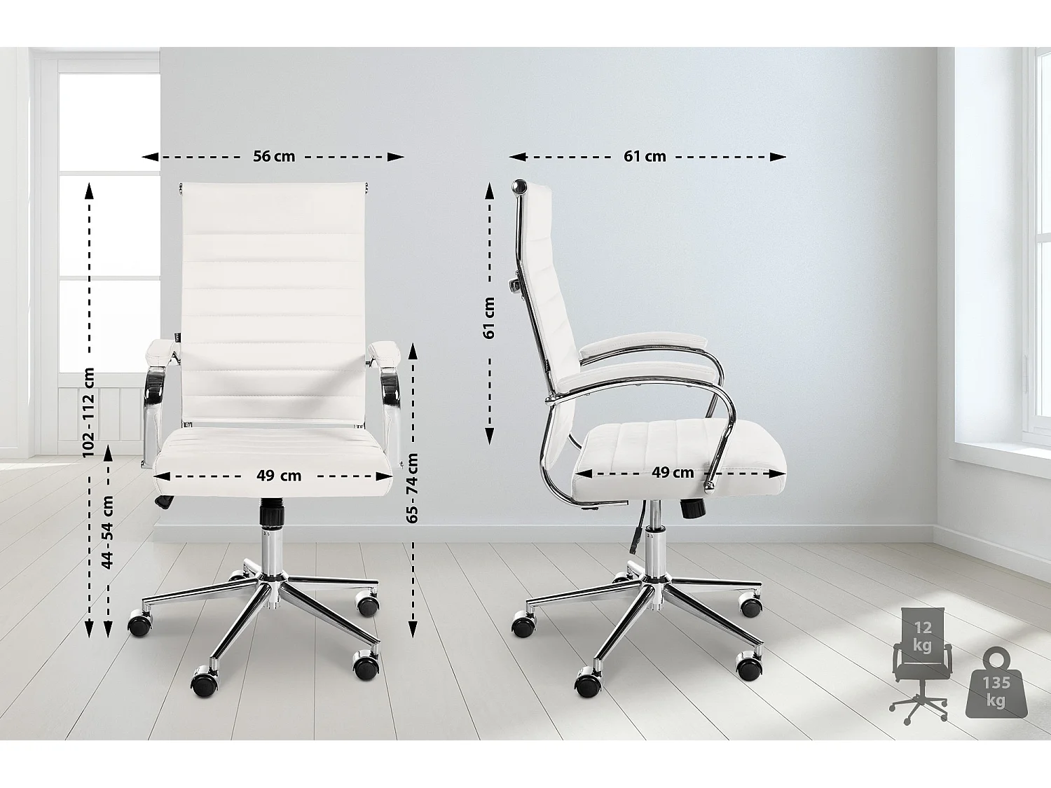 Chaise de bureau - Véritable cuir & Noir - Blanc - Mollis