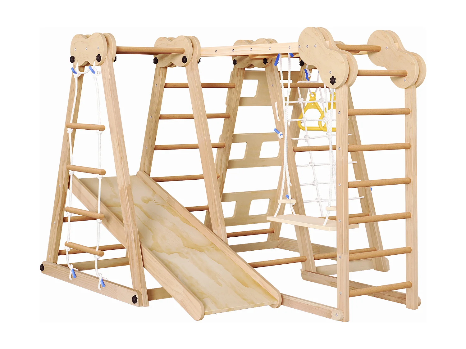 7-in-1 opvouwbare kinderschommel - 128 x 164 x 116 cm - Houten materiaal - met glijbaan en klimrek - Natuurlijk