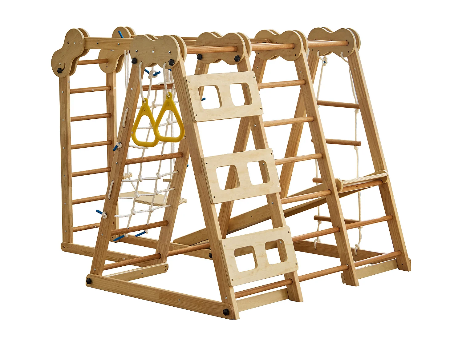 7-in-1 opvouwbare kinderschommel - 128 x 164 x 116 cm - Houten materiaal - met glijbaan en klimrek - Natuurlijk