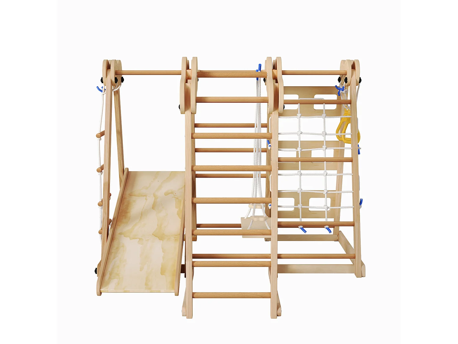 7-in-1 opvouwbare kinderschommel - 128 x 164 x 116 cm - Houten materiaal - met glijbaan en klimrek - Natuurlijk