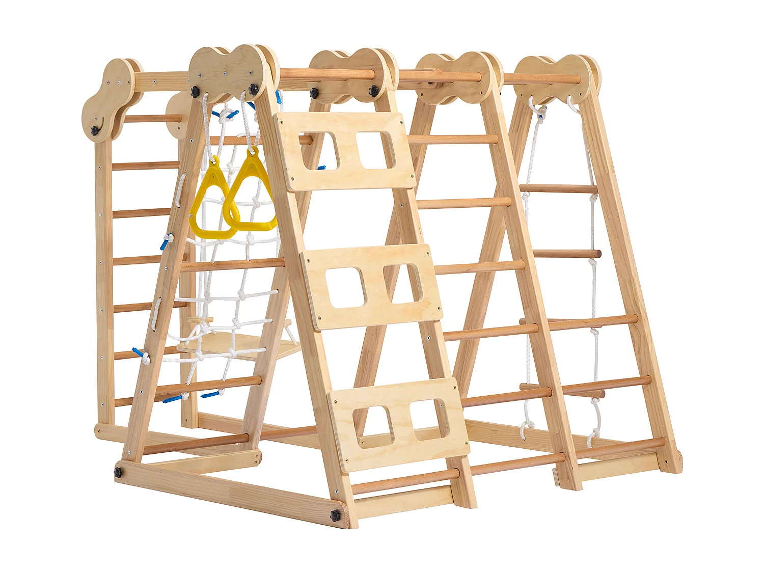 7-in-1 opvouwbare kinderschommel - 128 x 164 x 116 cm - Houten materiaal - met glijbaan en klimrek - Natuurlijk