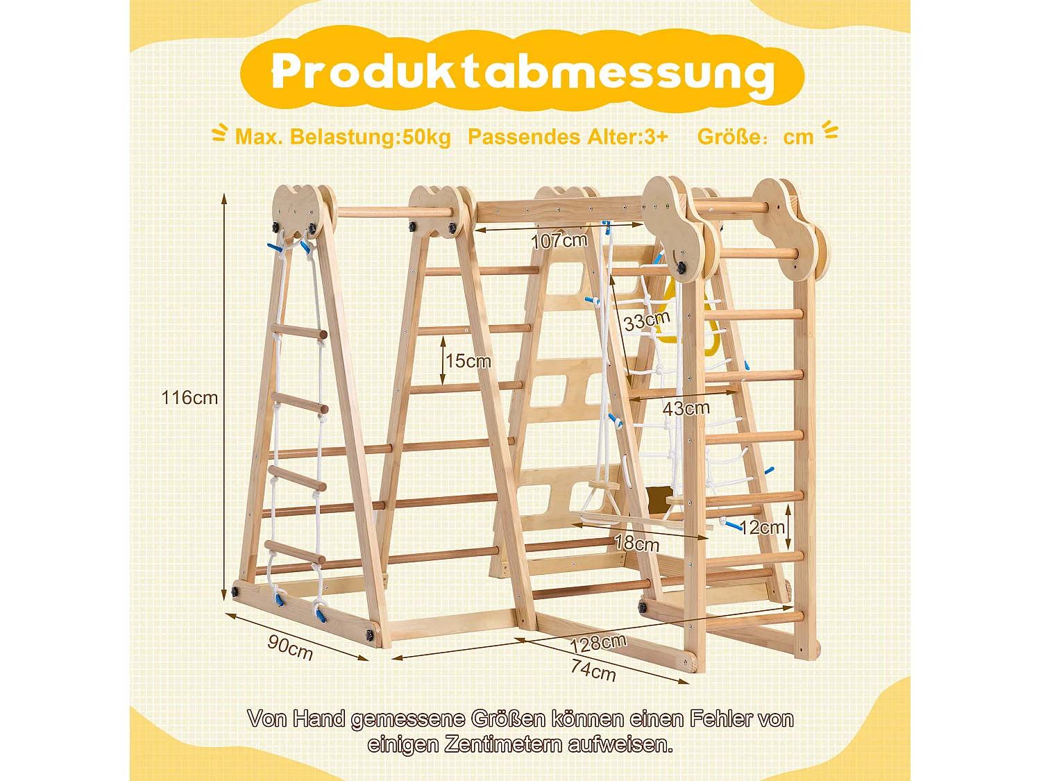 7-in-1 opvouwbare kinderschommel - 128 x 164 x 116 cm - Houten materiaal - met glijbaan en klimrek - Natuurlijk