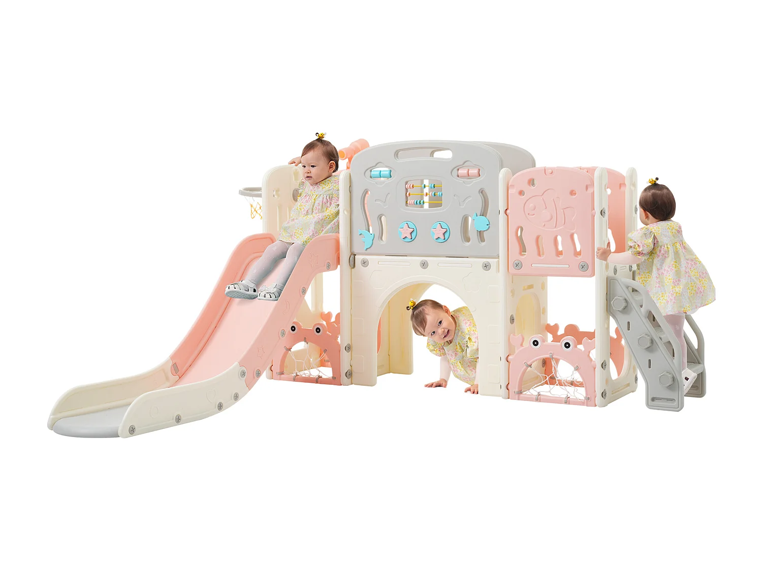 Balançoire Tout-petits enfants 11 en 1 - 193 x 167 x 97cm - en matériel HDPE - avec toboggan et panier basket - Rose