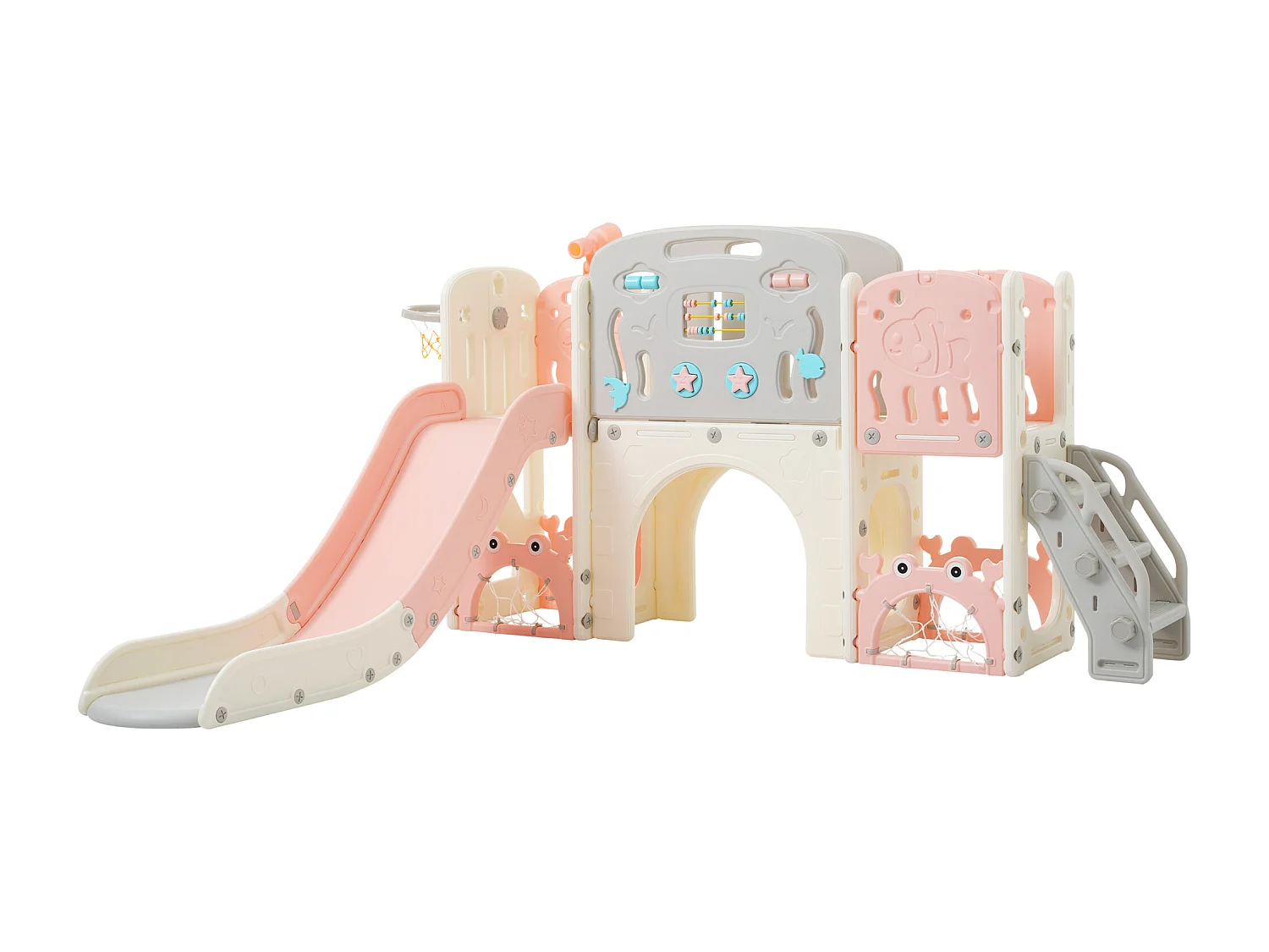 Balançoire Tout-petits enfants 11 en 1 - 193 x 167 x 97cm - en matériel HDPE - avec toboggan et panier basket - Rose