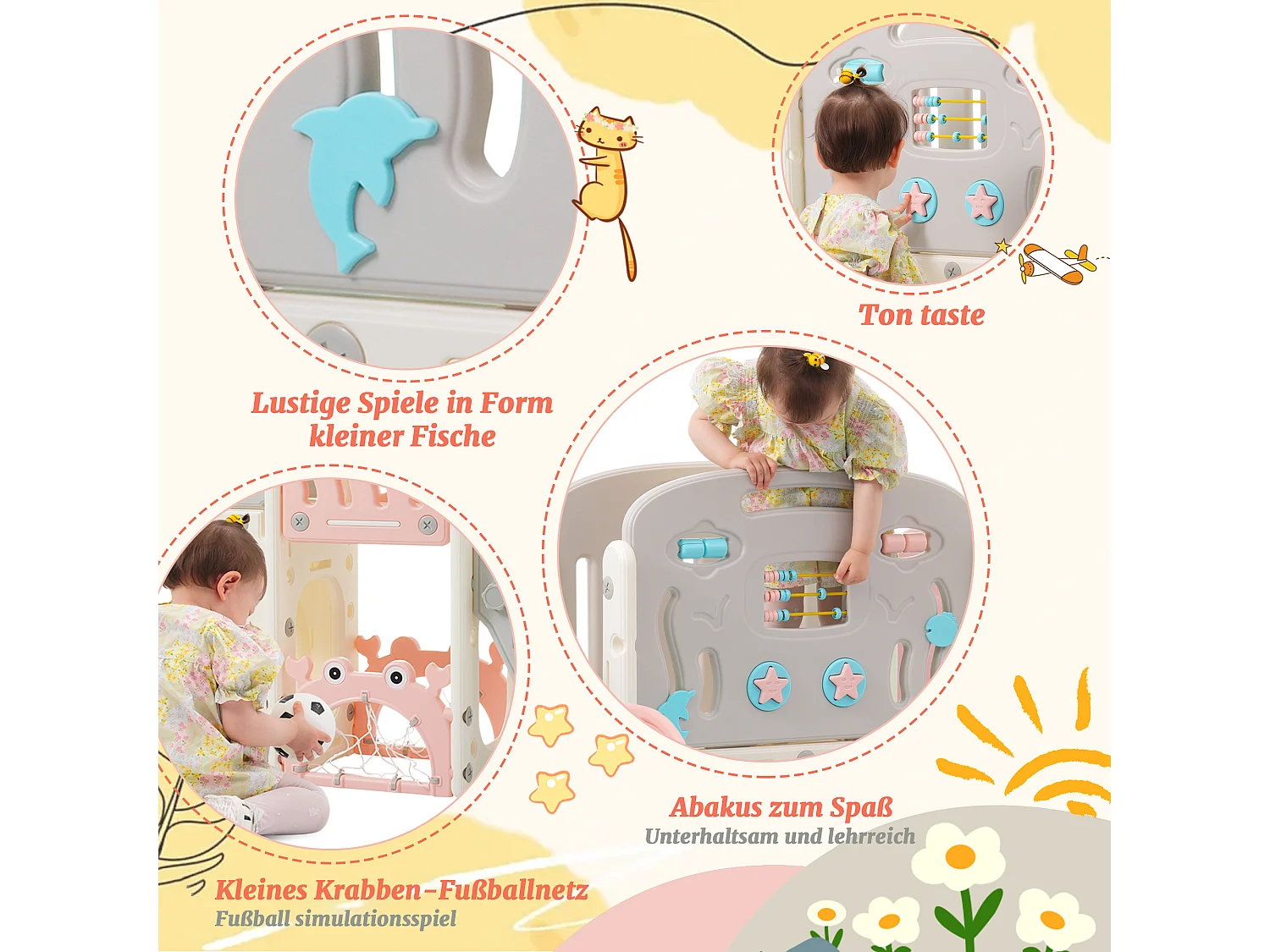 Balançoire Tout-petits enfants 11 en 1 - 193 x 167 x 97cm - en matériel HDPE - avec toboggan et panier basket - Rose