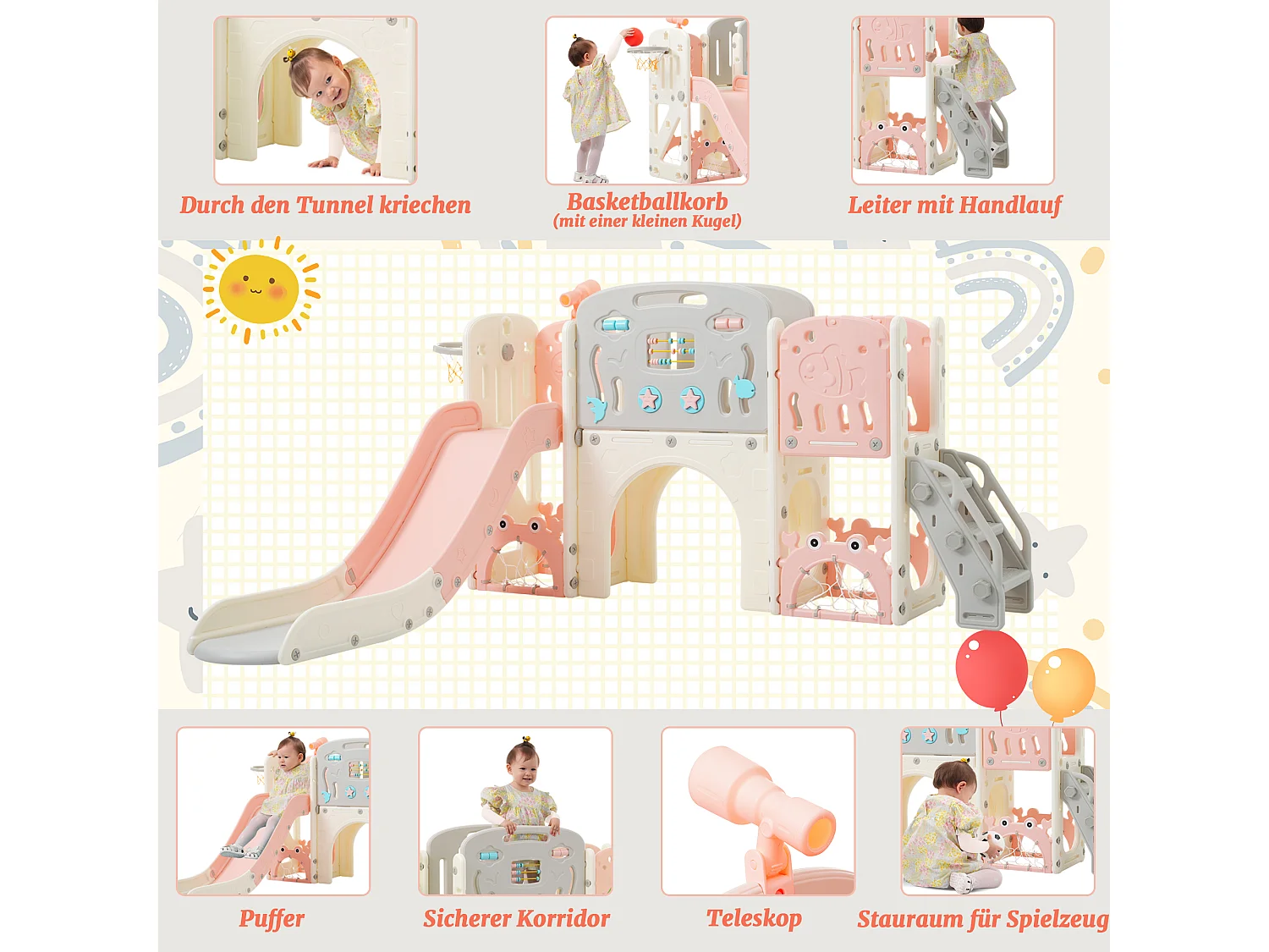 Balançoire Tout-petits enfants 11 en 1 - 193 x 167 x 97cm - en matériel HDPE - avec toboggan et panier basket - Rose