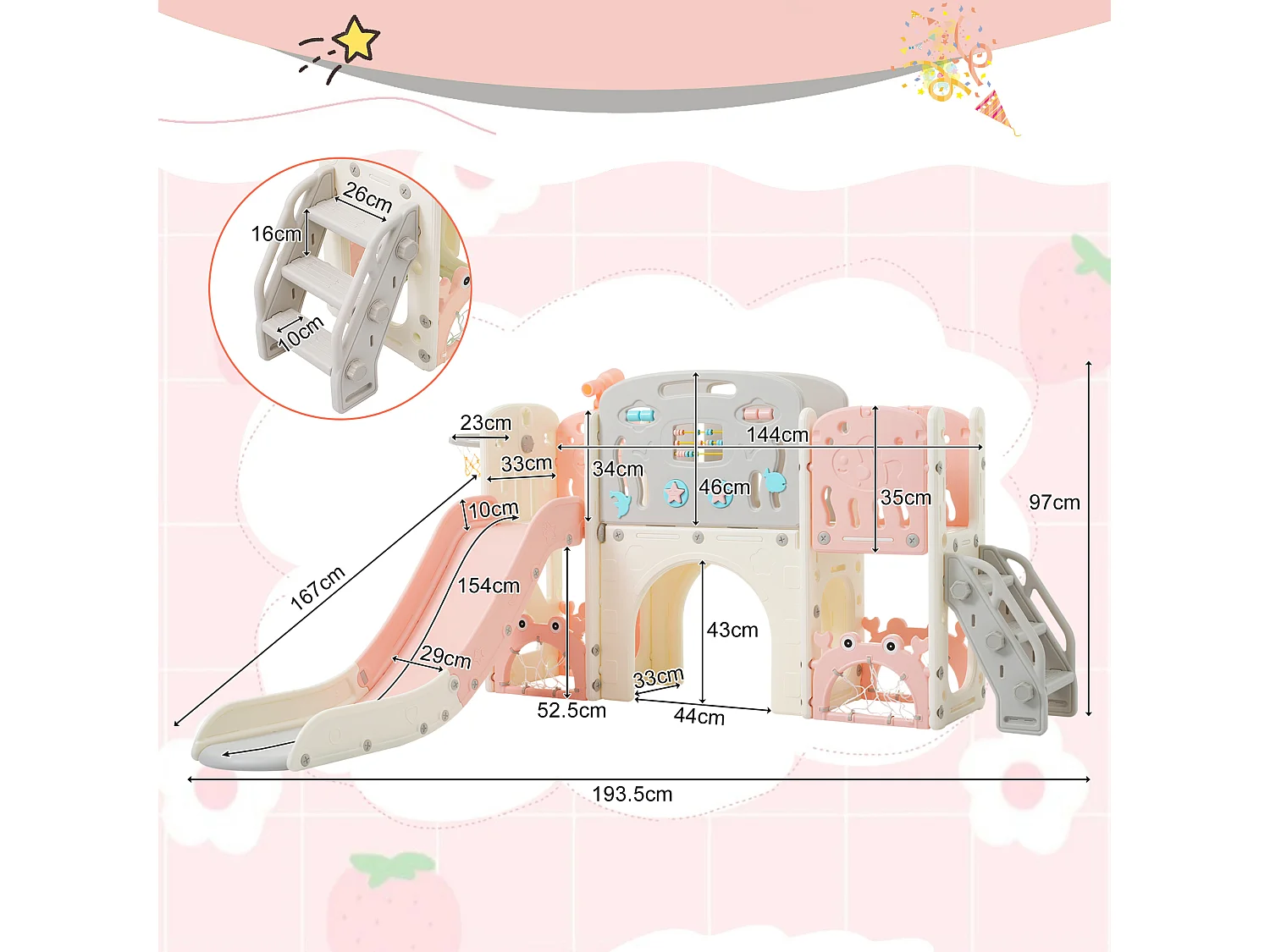 Balançoire Tout-petits enfants 11 en 1 - 193 x 167 x 97cm - en matériel HDPE - avec toboggan et panier basket - Rose