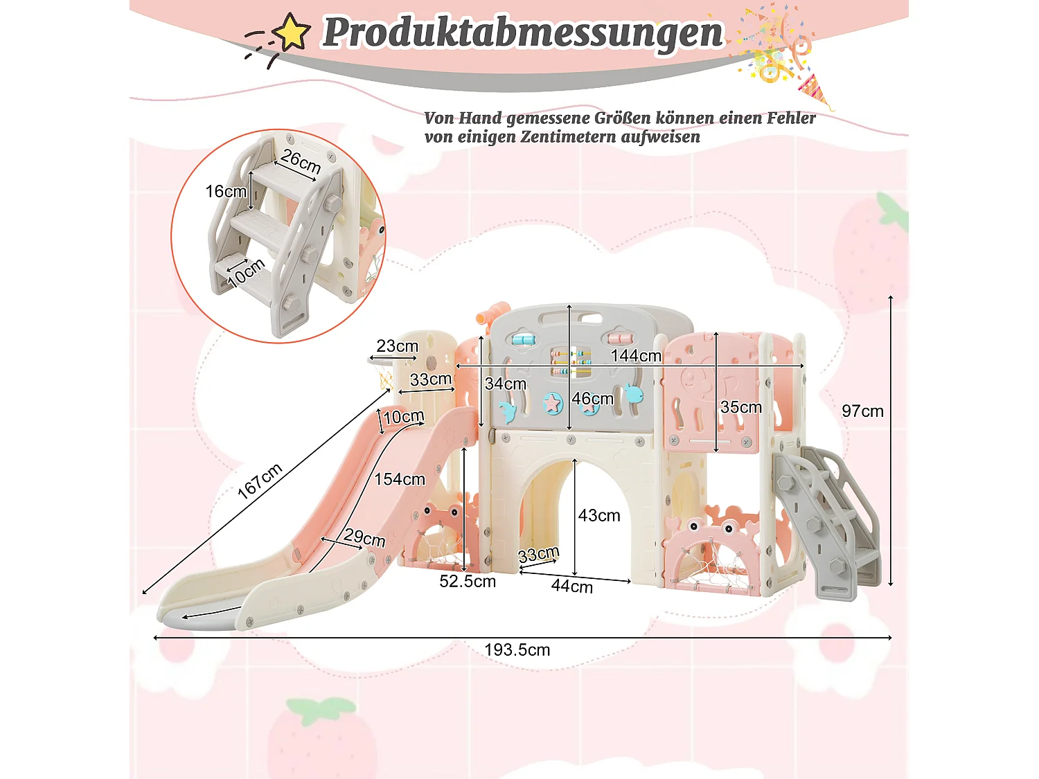 Balançoire Tout-petits enfants 11 en 1 - 193 x 167 x 97cm - en matériel HDPE - avec toboggan et panier basket - Rose