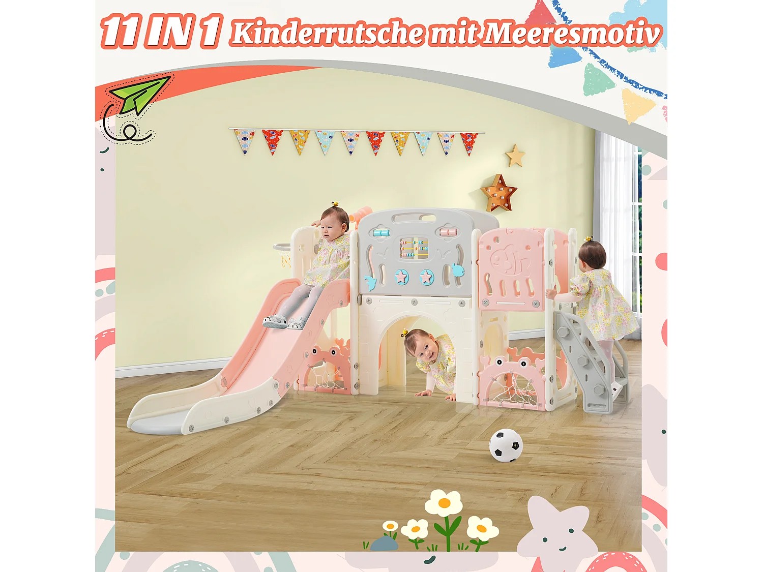 Balançoire Tout-petits enfants 11 en 1 - 193 x 167 x 97cm - en matériel HDPE - avec toboggan et panier basket - Rose