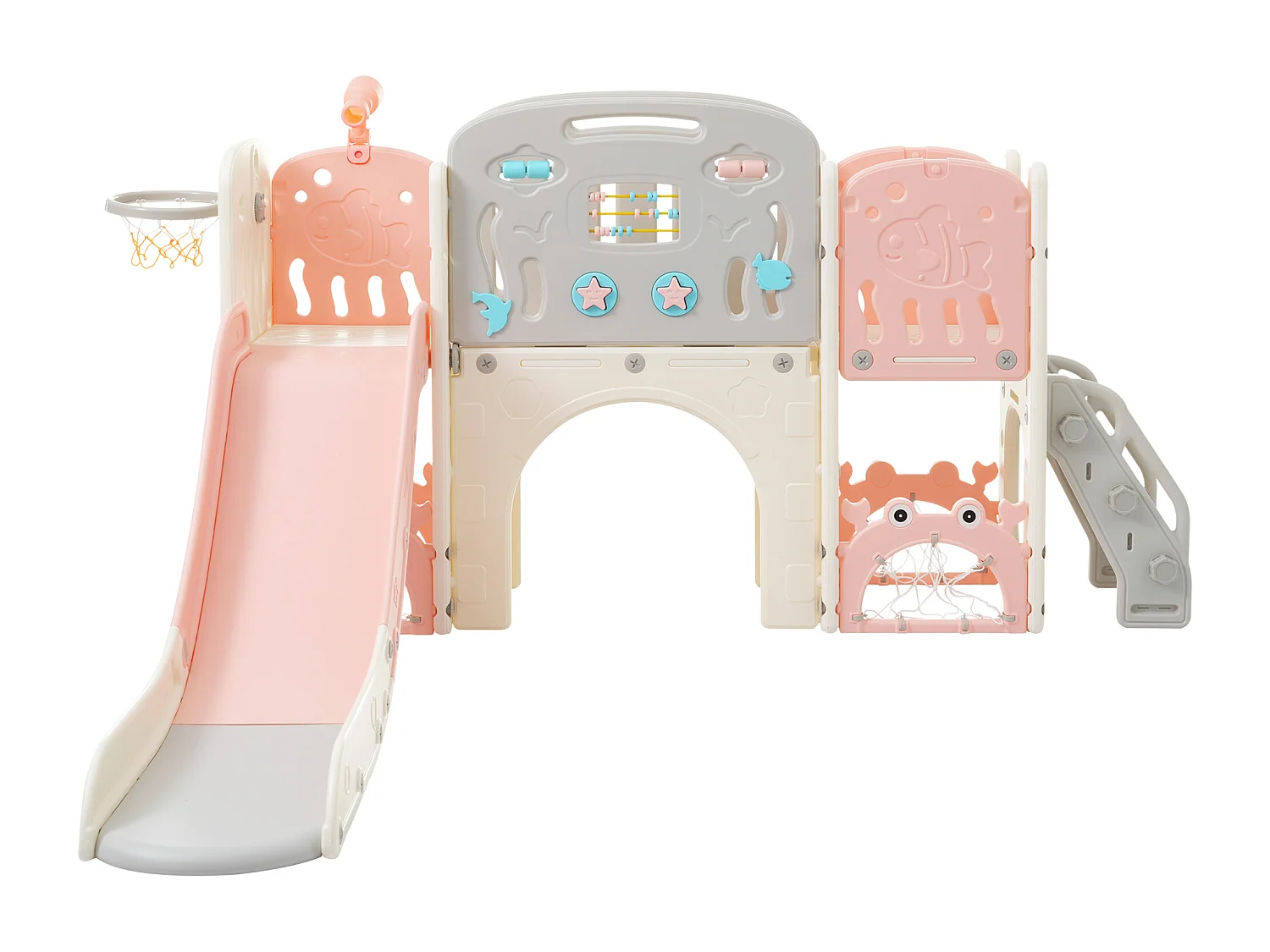 Balançoire Tout-petits enfants 11 en 1 - 193 x 167 x 97cm - en matériel HDPE - avec toboggan et panier basket - Rose