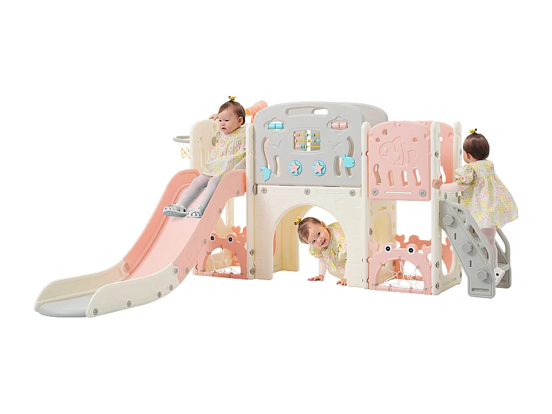 11-in-1 Peuter Schommelset - 193 x 167 x 97cm - HDPE Materiaal - met Glijbaan en Basketbalring - Roze