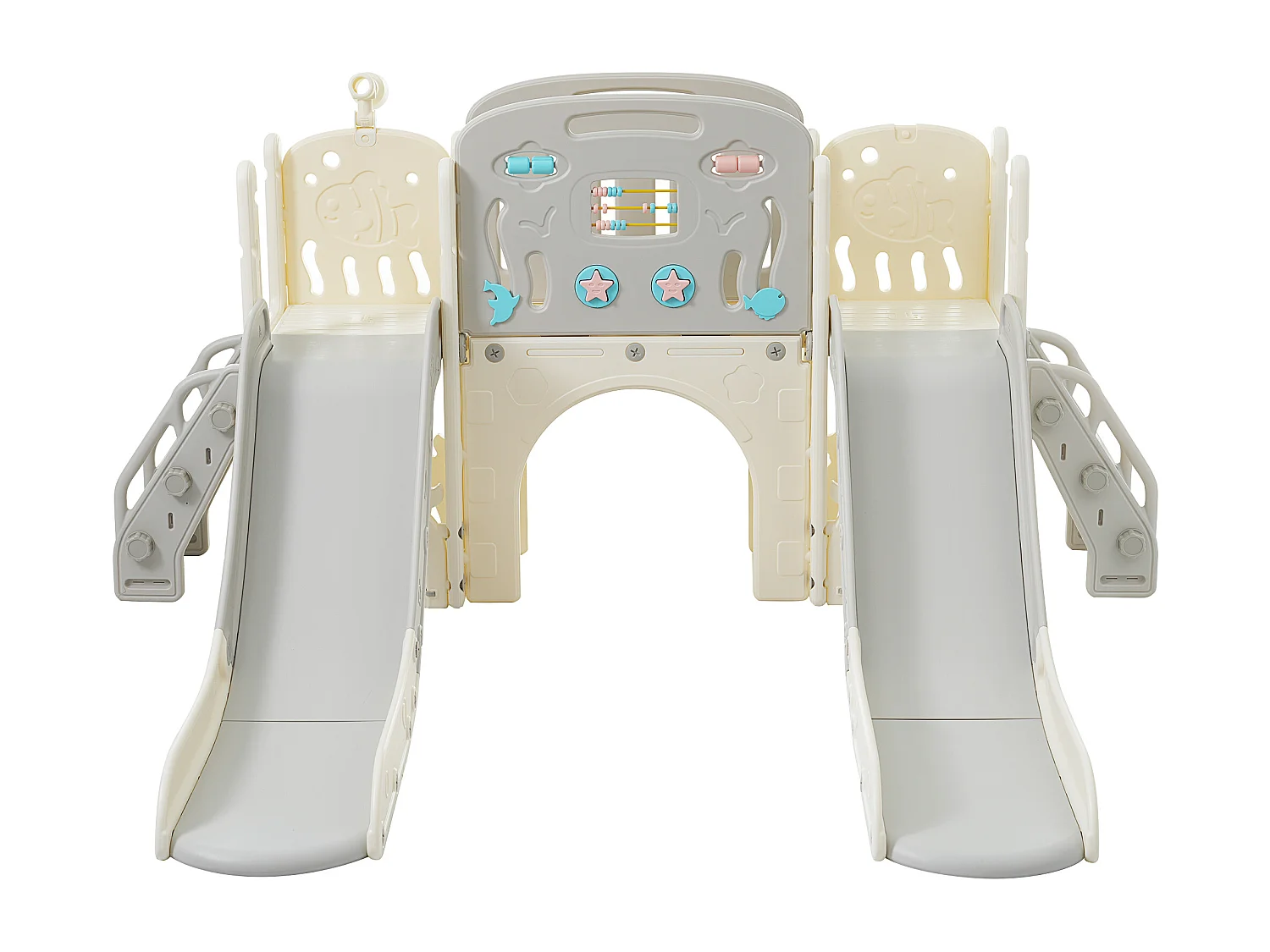 Parque infantil 8 en 1 - 197 x 167 x 98 cm - Material HDPE - Con tobogán y columpio - Gris