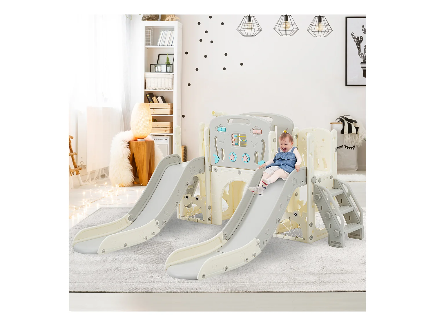 Parque infantil 8 en 1 - 197 x 167 x 98 cm - Material HDPE - Con tobogán y columpio - Gris