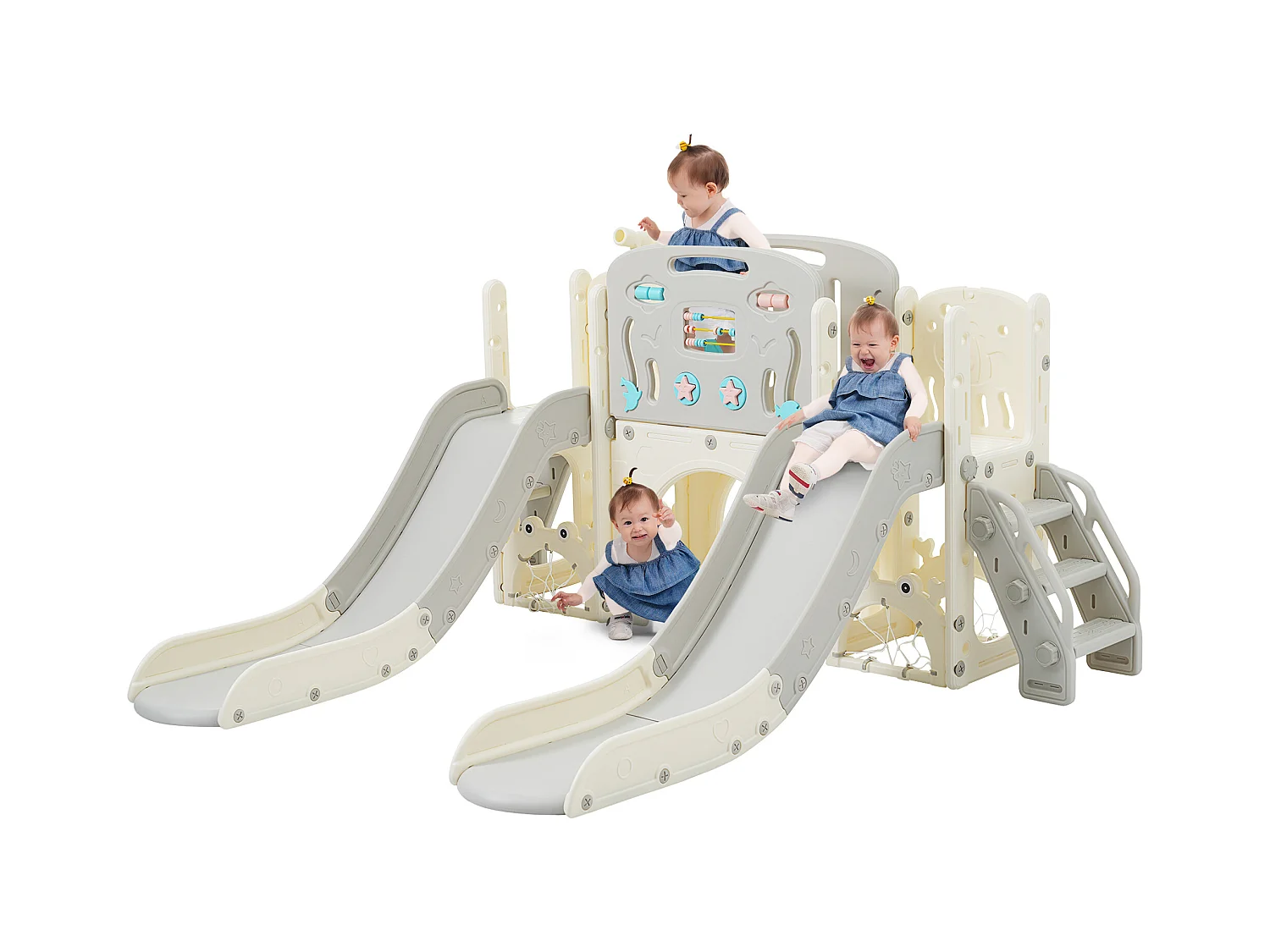 Parque infantil 8 en 1 - 197 x 167 x 98 cm - Material HDPE - Con tobogán y columpio - Gris