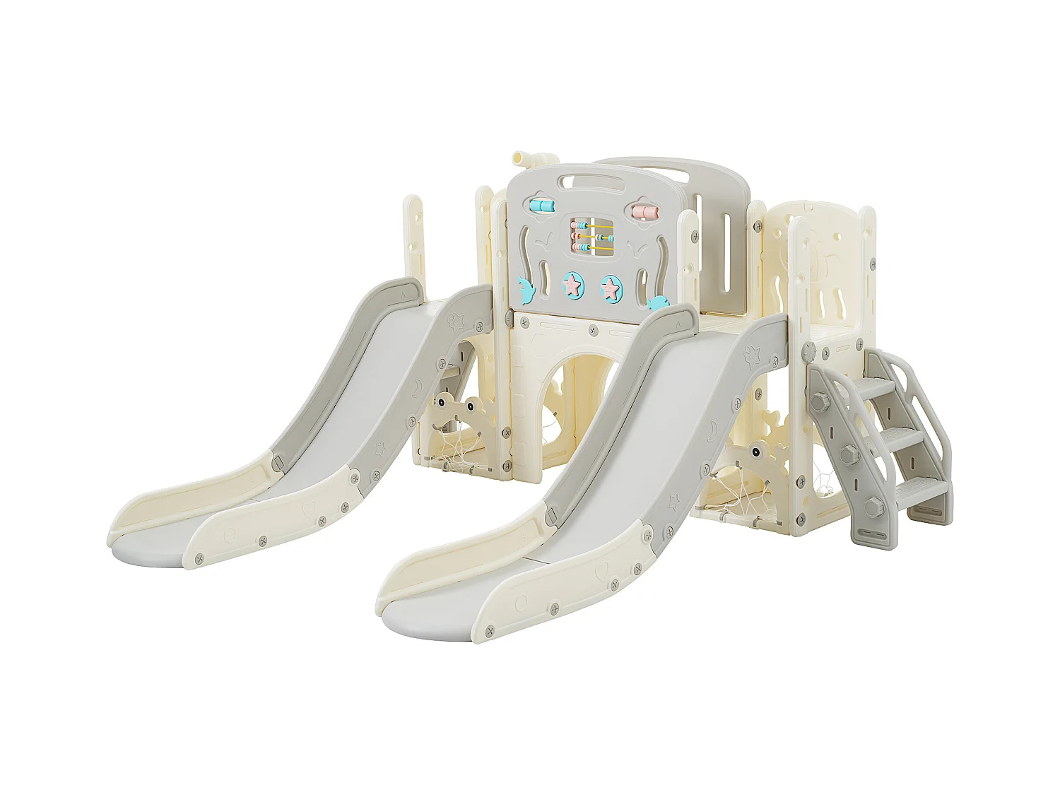 Parque infantil 8 en 1 - 197 x 167 x 98 cm - Material HDPE - Con tobogán y columpio - Gris