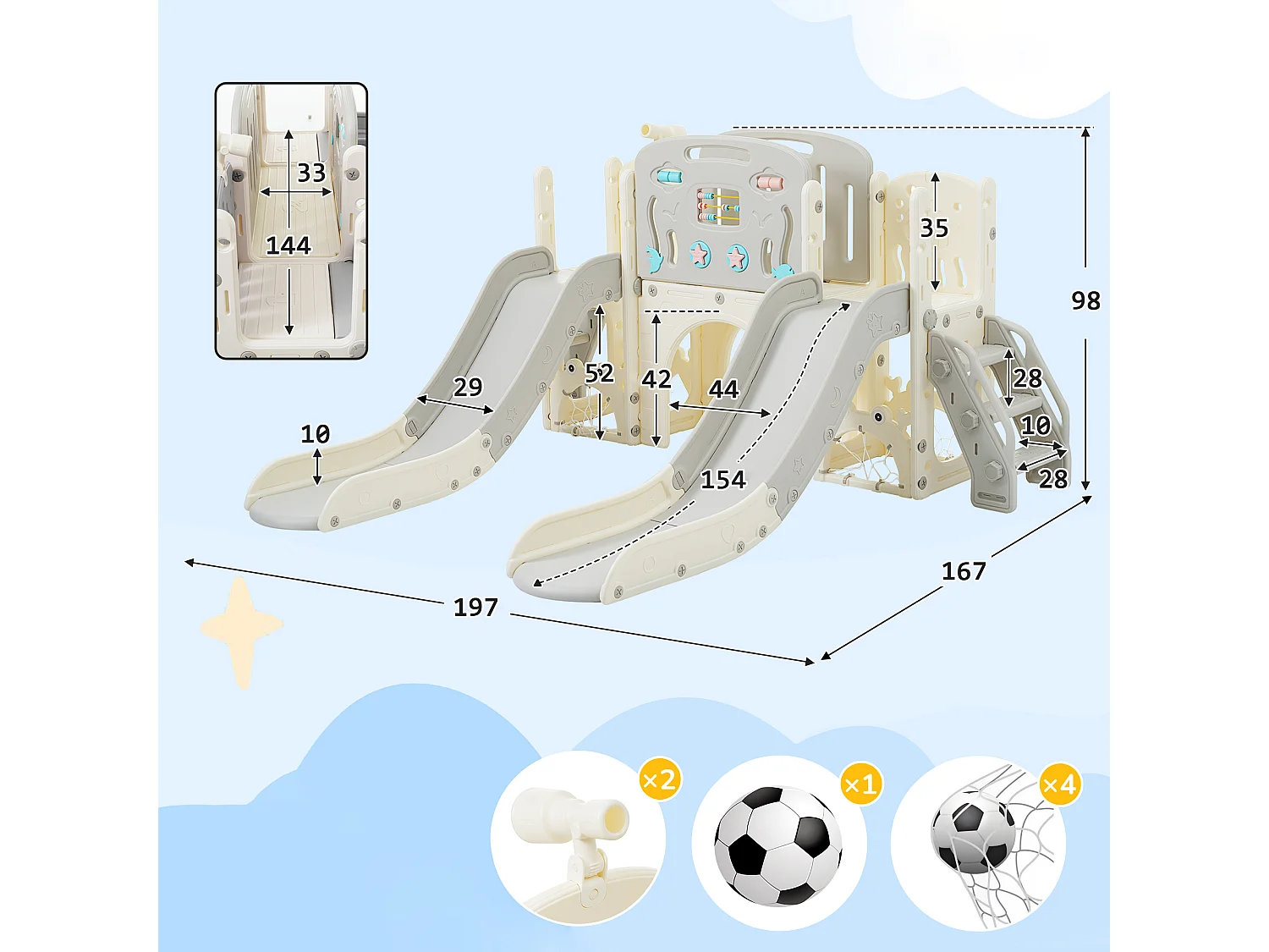 Ensemble aire de jeux pour enfants 8 en 1 - 197 x 167 x 98cm - en matériel HDPE - avec toboggan et balançoire - Gris