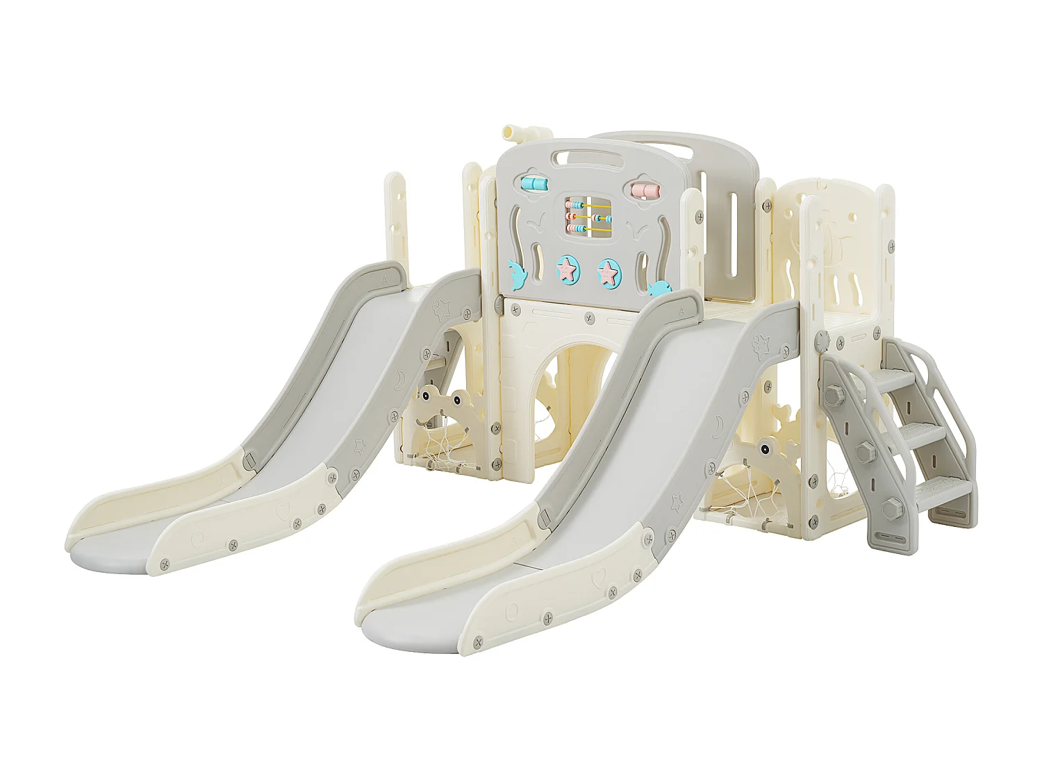 Ensemble aire de jeux pour enfants 8 en 1 - 197 x 167 x 98cm - en matériel HDPE - avec toboggan et balançoire - Gris