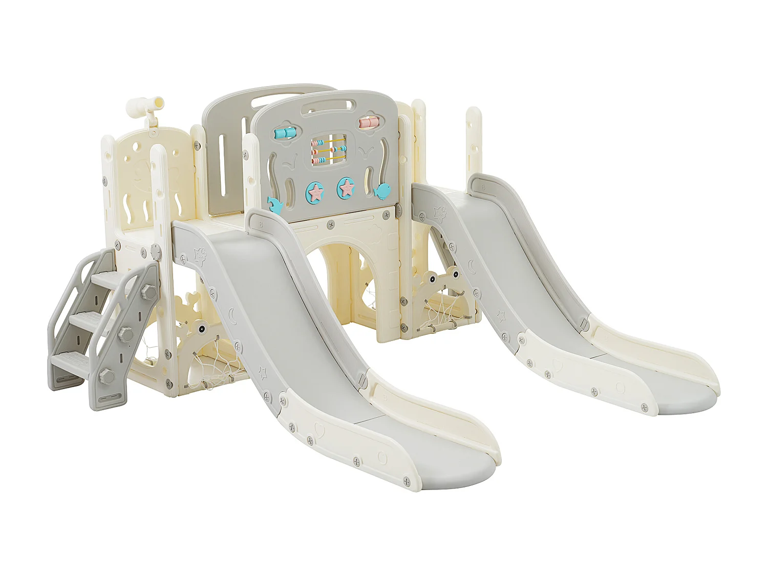 Ensemble aire de jeux pour enfants 8 en 1 - 197 x 167 x 98cm - en matériel HDPE - avec toboggan et balançoire - Gris