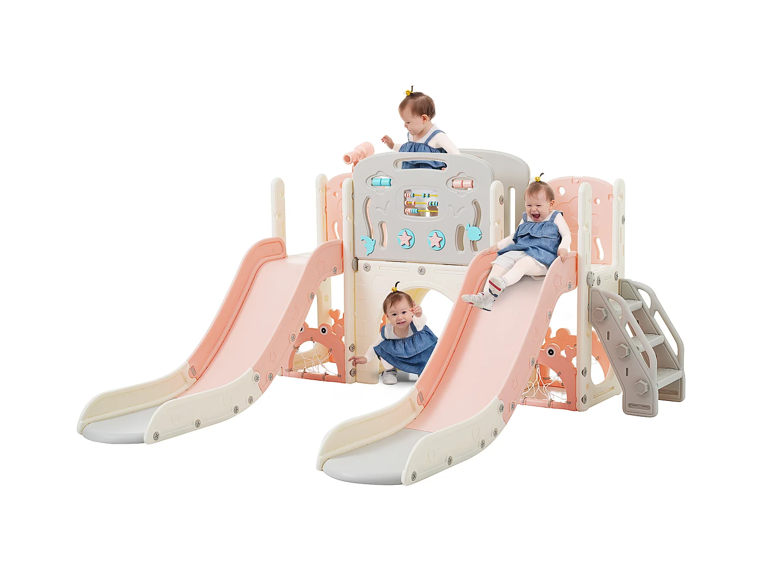 Zestaw zabawowy dla dzieci 8 w 1 - 197 x 167 x 98 cm - Wykonany z materiału HDPE - Z łukowym tunelem i ramą wspinaczkową - Różowy