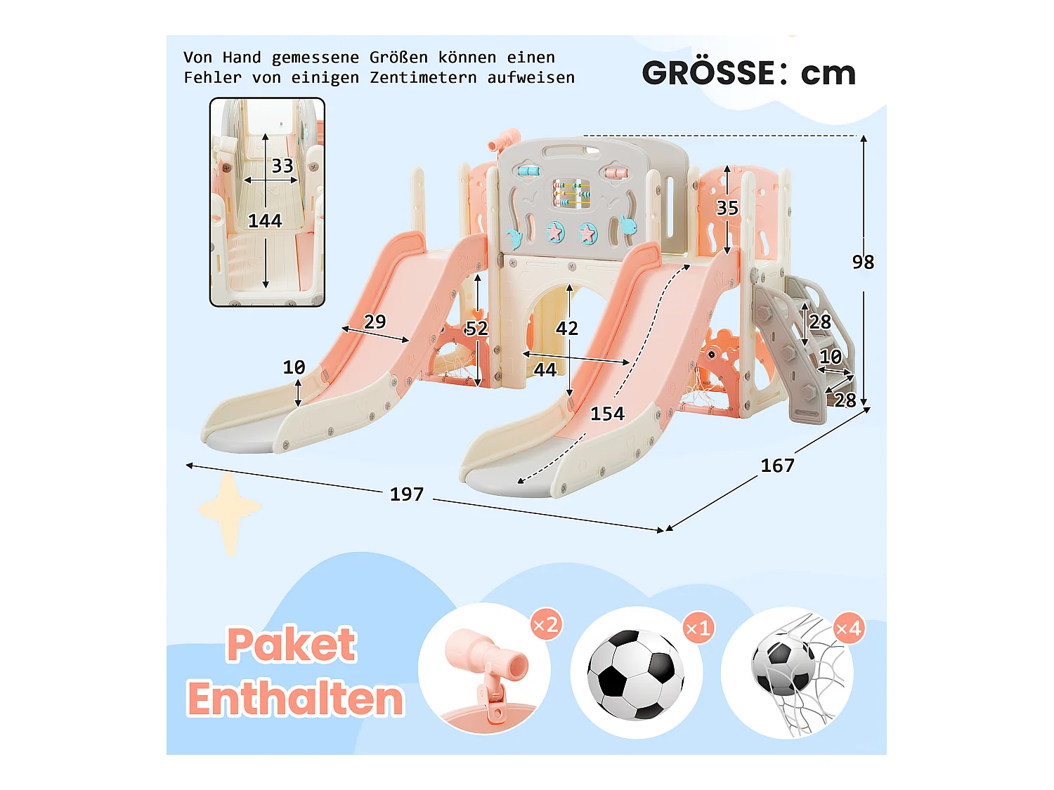 Zestaw zabawowy dla dzieci 8 w 1 - 197 x 167 x 98 cm - Wykonany z materiału HDPE - Z łukowym tunelem i ramą wspinaczkową - Różowy