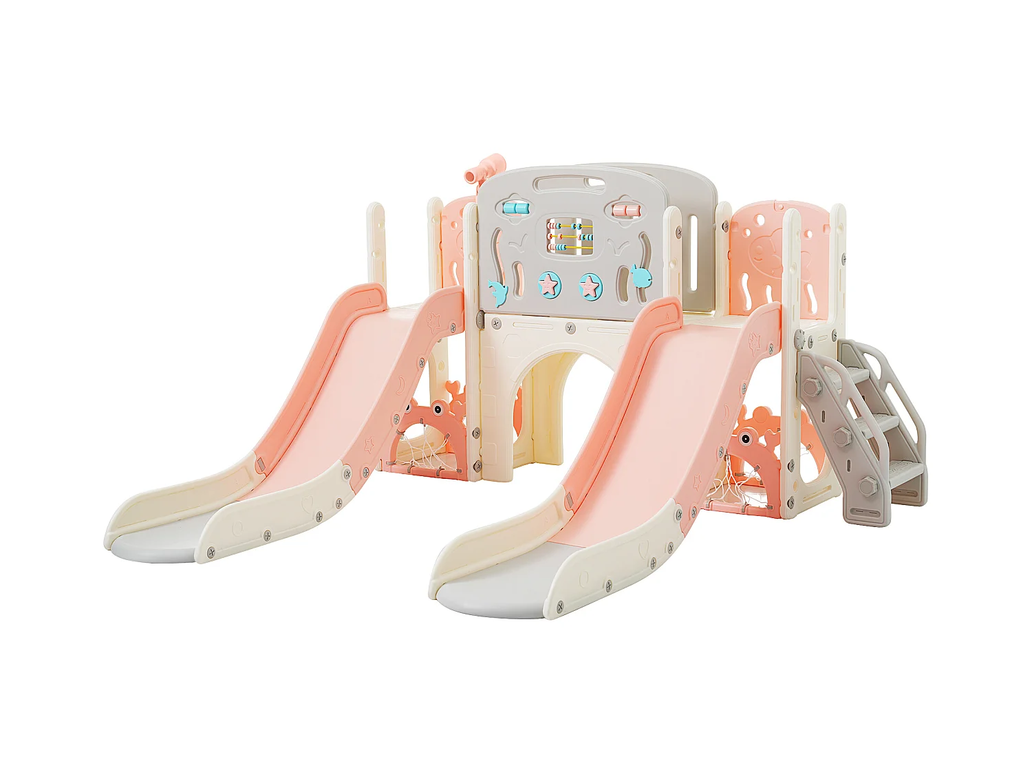 Zestaw zabawowy dla dzieci 8 w 1 - 197 x 167 x 98 cm - Wykonany z materiału HDPE - Z łukowym tunelem i ramą wspinaczkową - Różowy