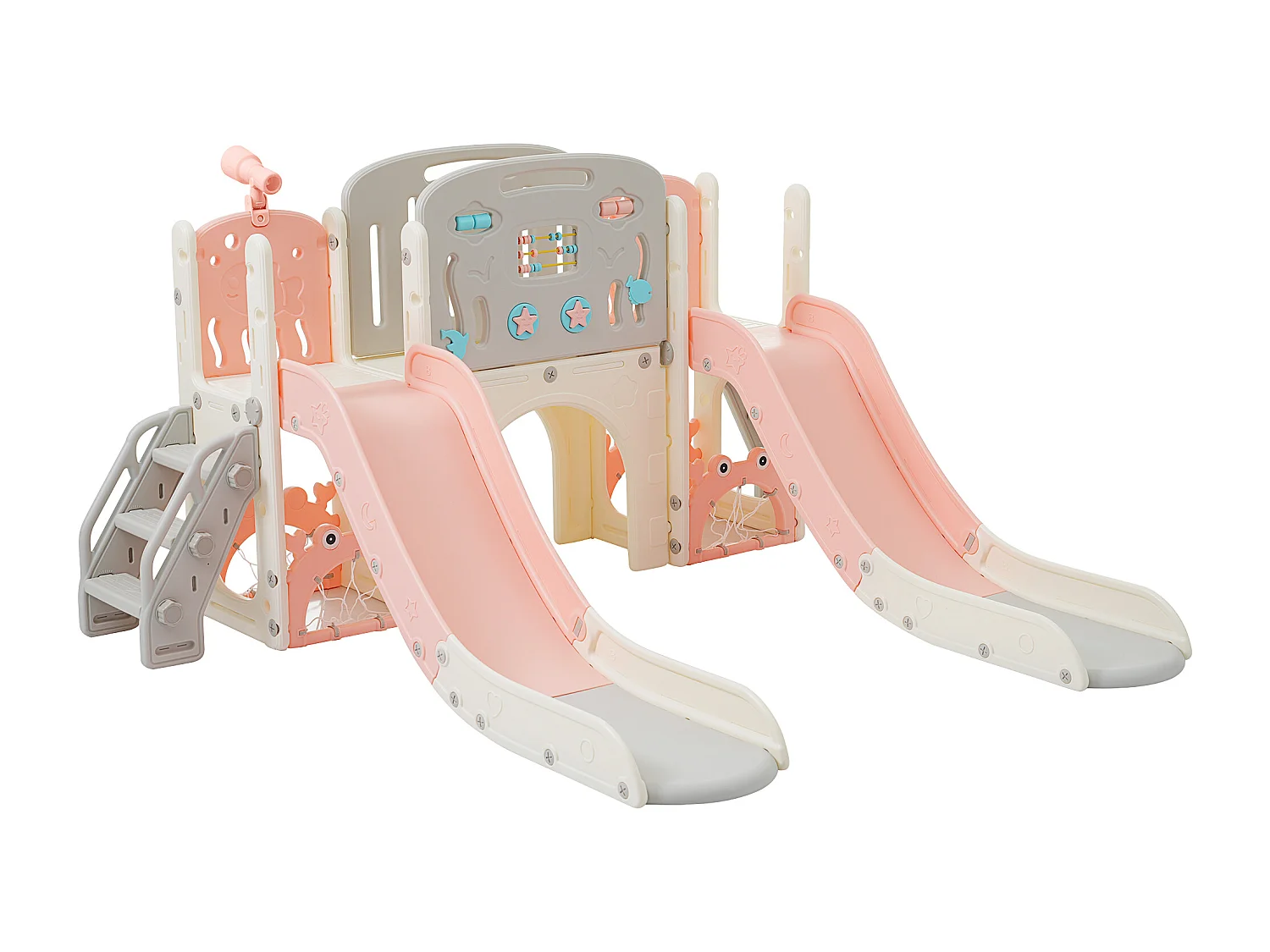 Ensemble aire de jeux pour enfants 8 en 1 - 197 x 167 x 98cm - en matériel HDPE - avec tunnel arqué et escalade - Rose